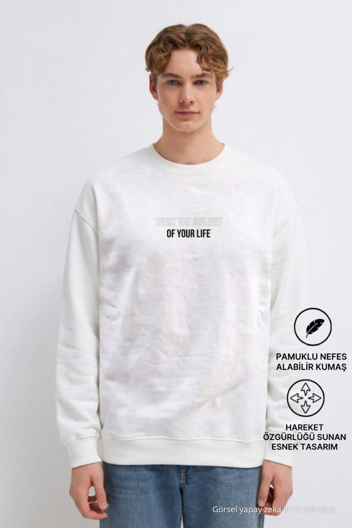 3 Adet Erkek Rahat Kalıp Premium Baskılı Sweatshirt Krem 3