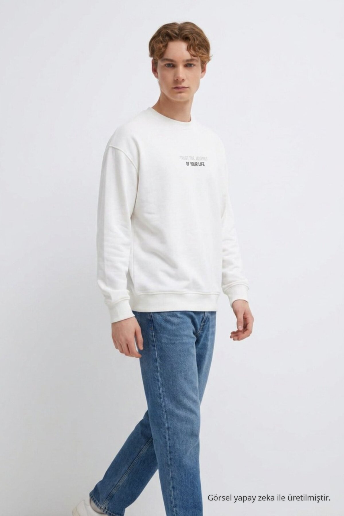 3 Adet Erkek Rahat Kalıp Premium Baskılı Sweatshirt Krem 5