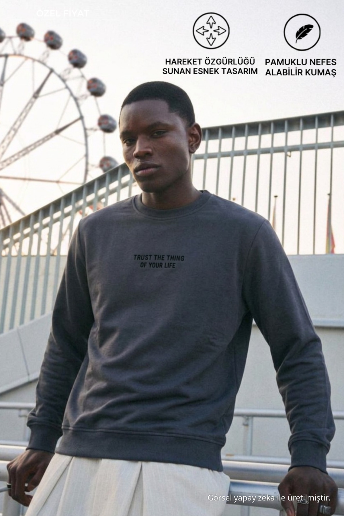 3 Adet Erkek Baskılı Relax Fit Mevsimlik Sweatshirt Gri 3