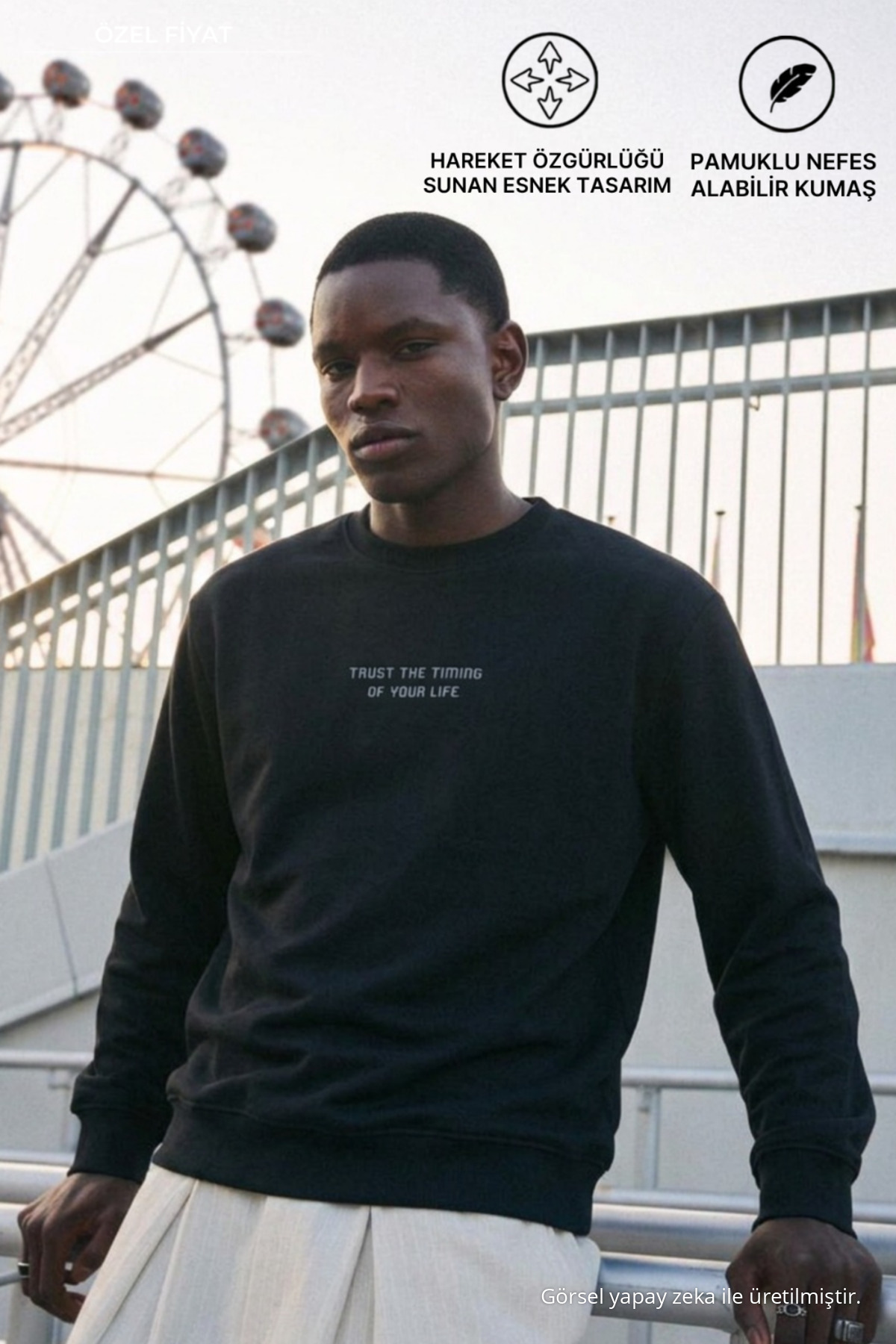 3 Adet Erkek Baskılı Relax Fit Mevsimlik Sweatshirt Haki 4
