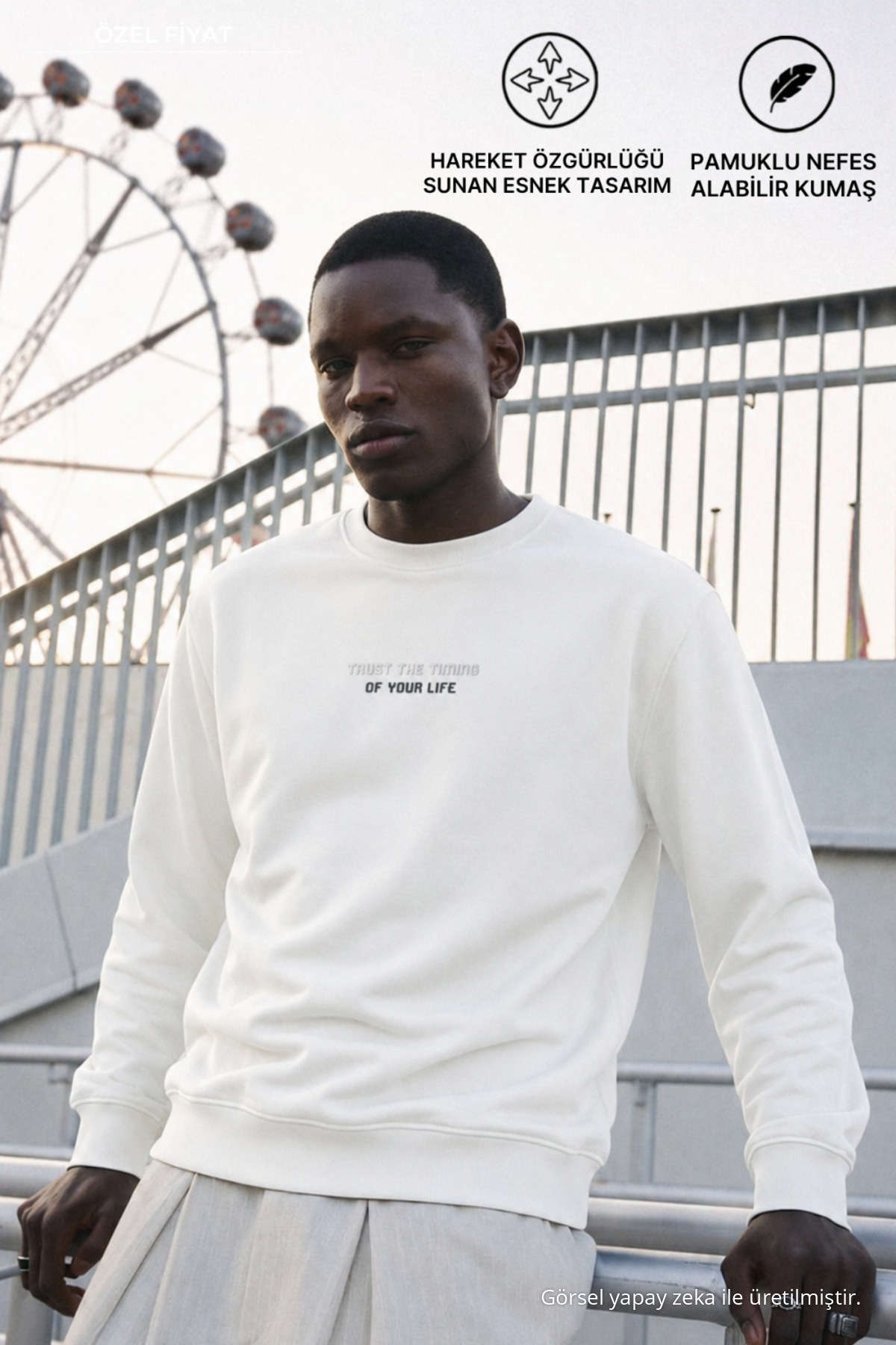 3 Adet Erkek Baskılı Relax Fit Mevsimlik Sweatshirt Krem 3