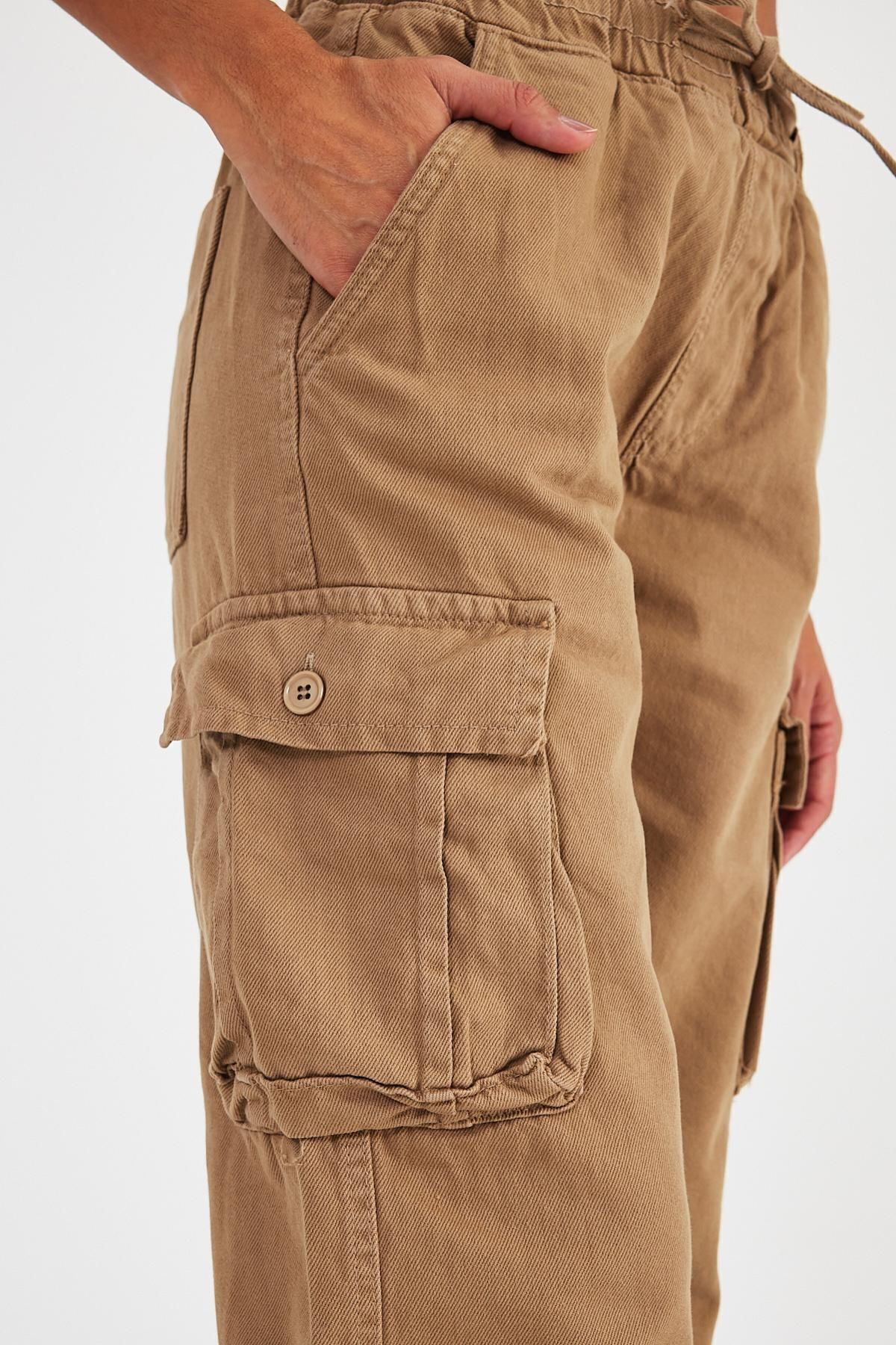 Kadın 2 Li Paket Pamuklu Baggy Jogger Kargo Cepli Pantolon Camel 4