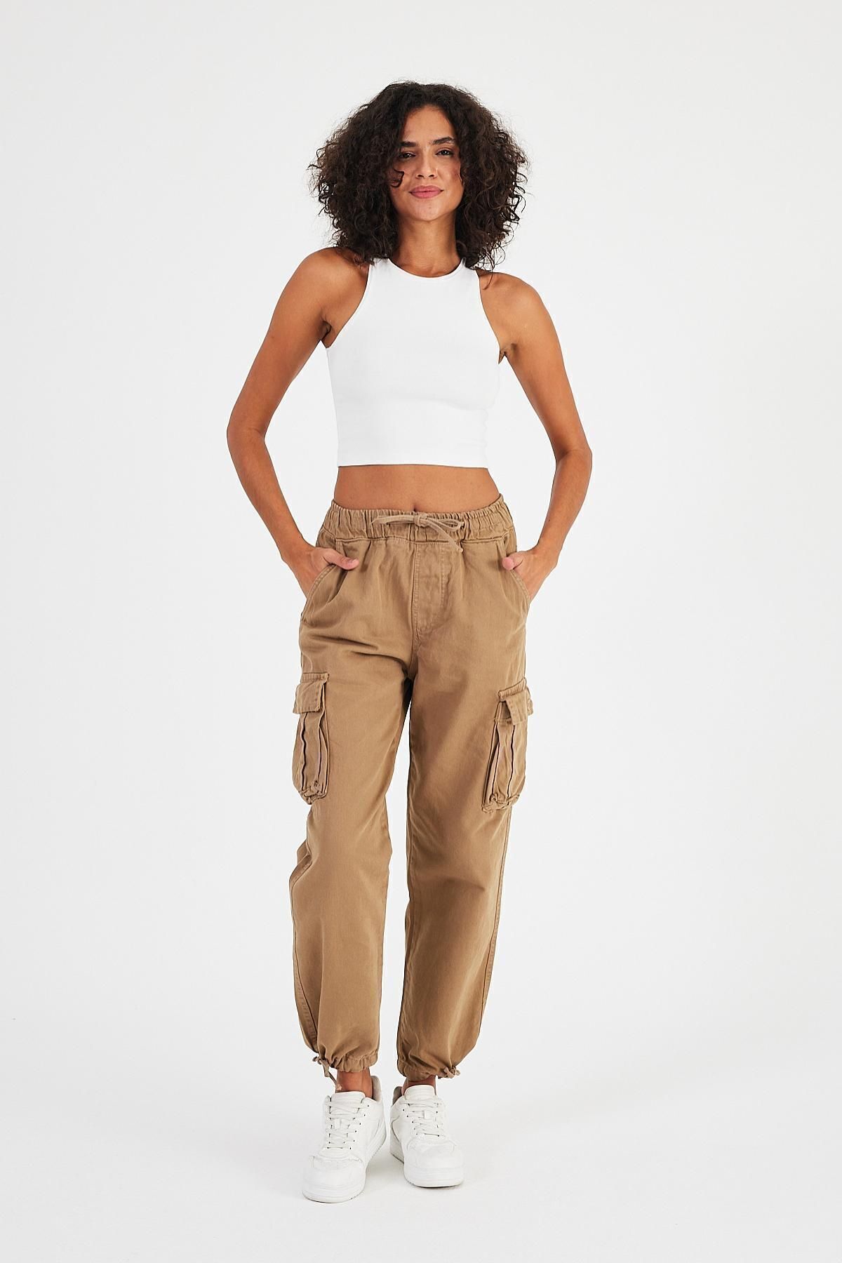 Kadın 2 Li Paket Pamuklu Baggy Jogger Kargo Cepli Pantolon Camel 3