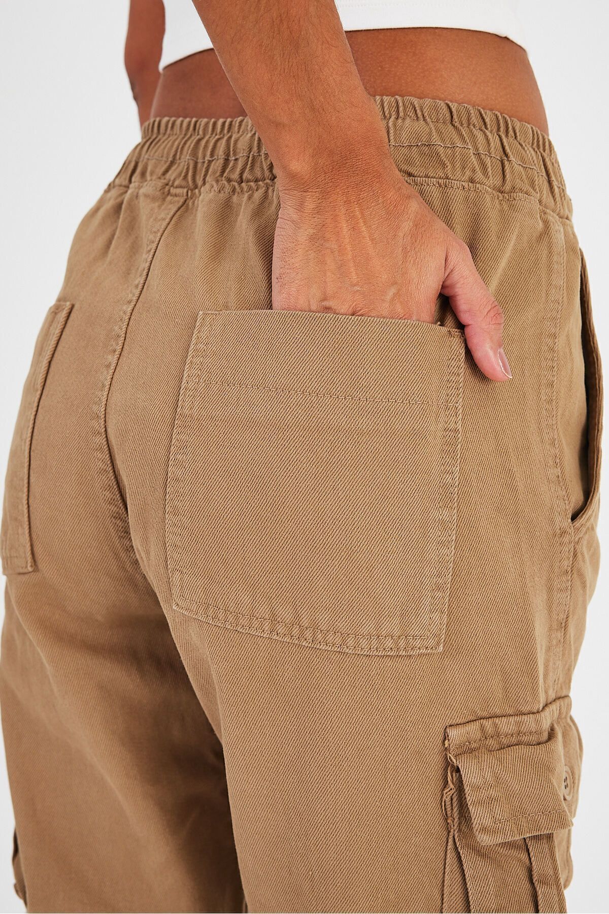 Kadın 2 Li Paket Pamuklu Baggy Jogger Kargo Cepli Pantolon Camel 6