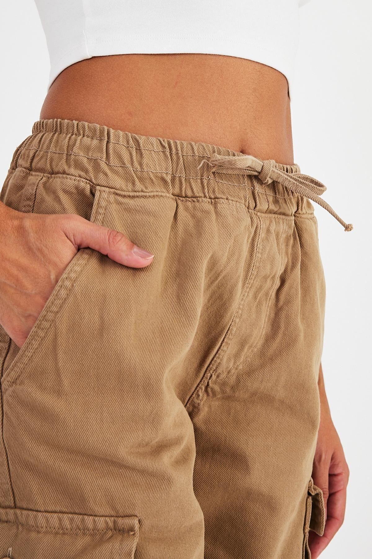 Kadın 2 Li Paket Pamuklu Baggy Jogger Kargo Cepli Pantolon Camel 5