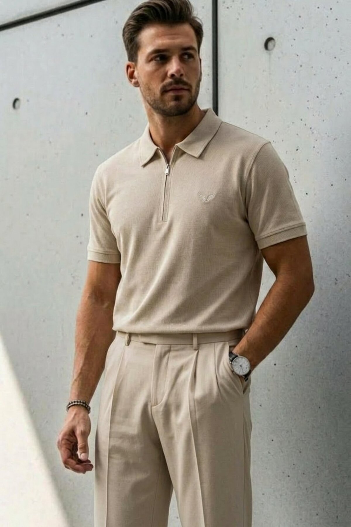 Erkek Relaxed Fit Bej Polo Yaka Tişört 4