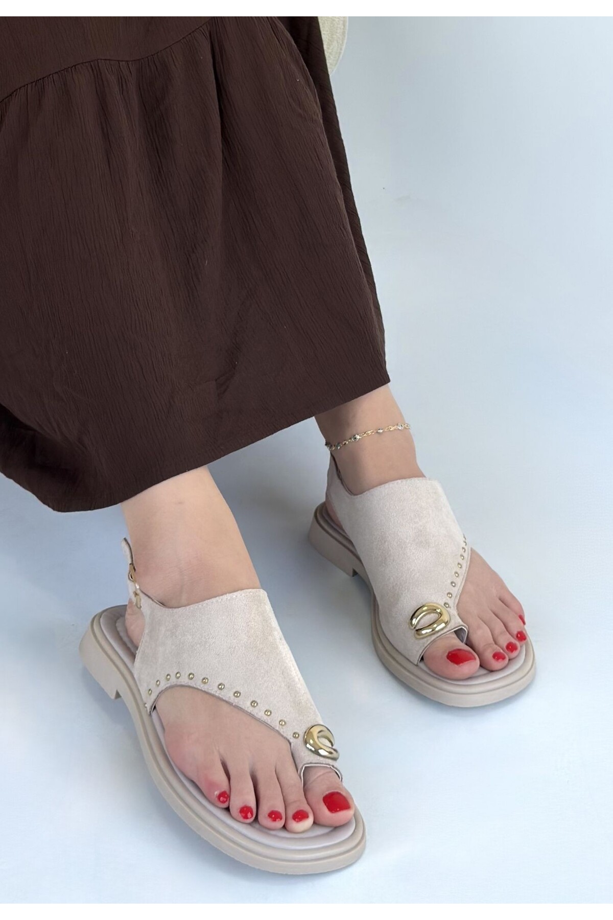 Oliwa Bej Süet Parmak Arası Sandalet 3