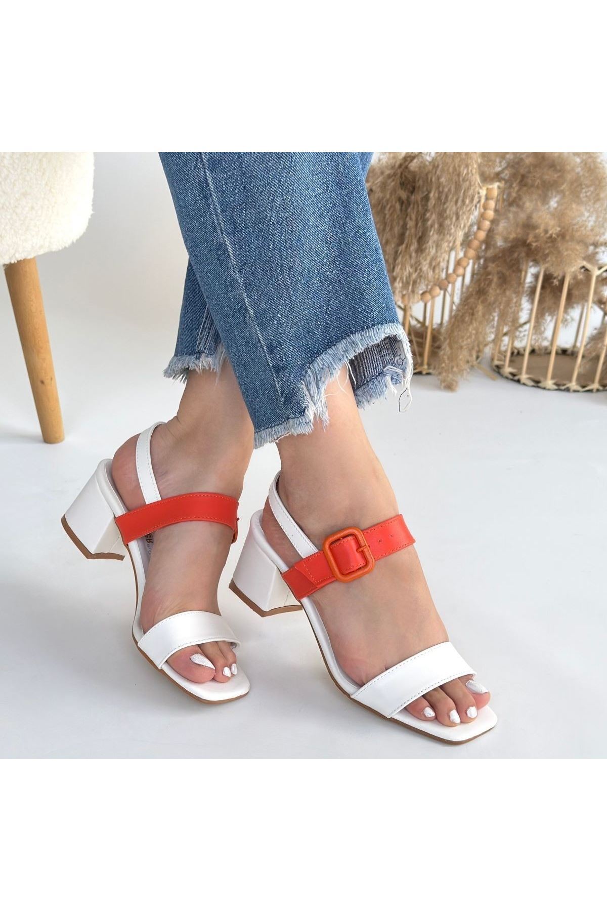 Year Beyaz Cilt Turuncu Detaylı Beyaz Topuklu Ayakkabı 4
