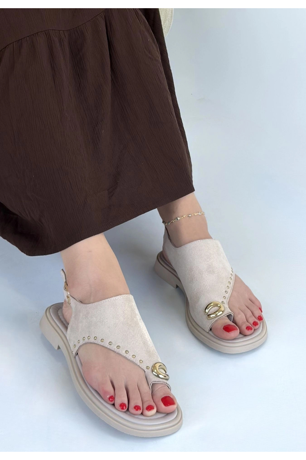 HERŞEYTREND Oliwa Çok Renkli Süet Parmak Arası Sandalet 3