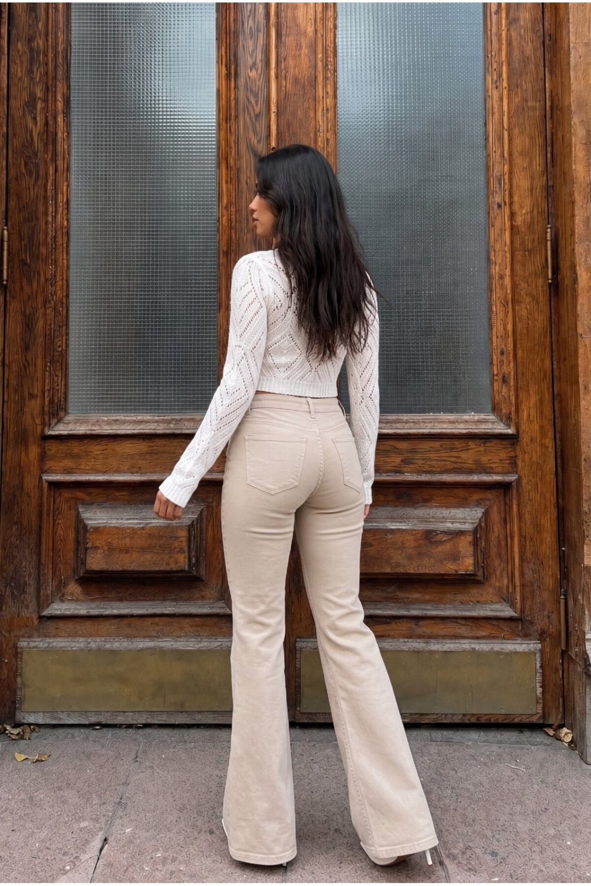 Yüksek Bel Esnek/Likralı Çan Paça Jeans Bej 7