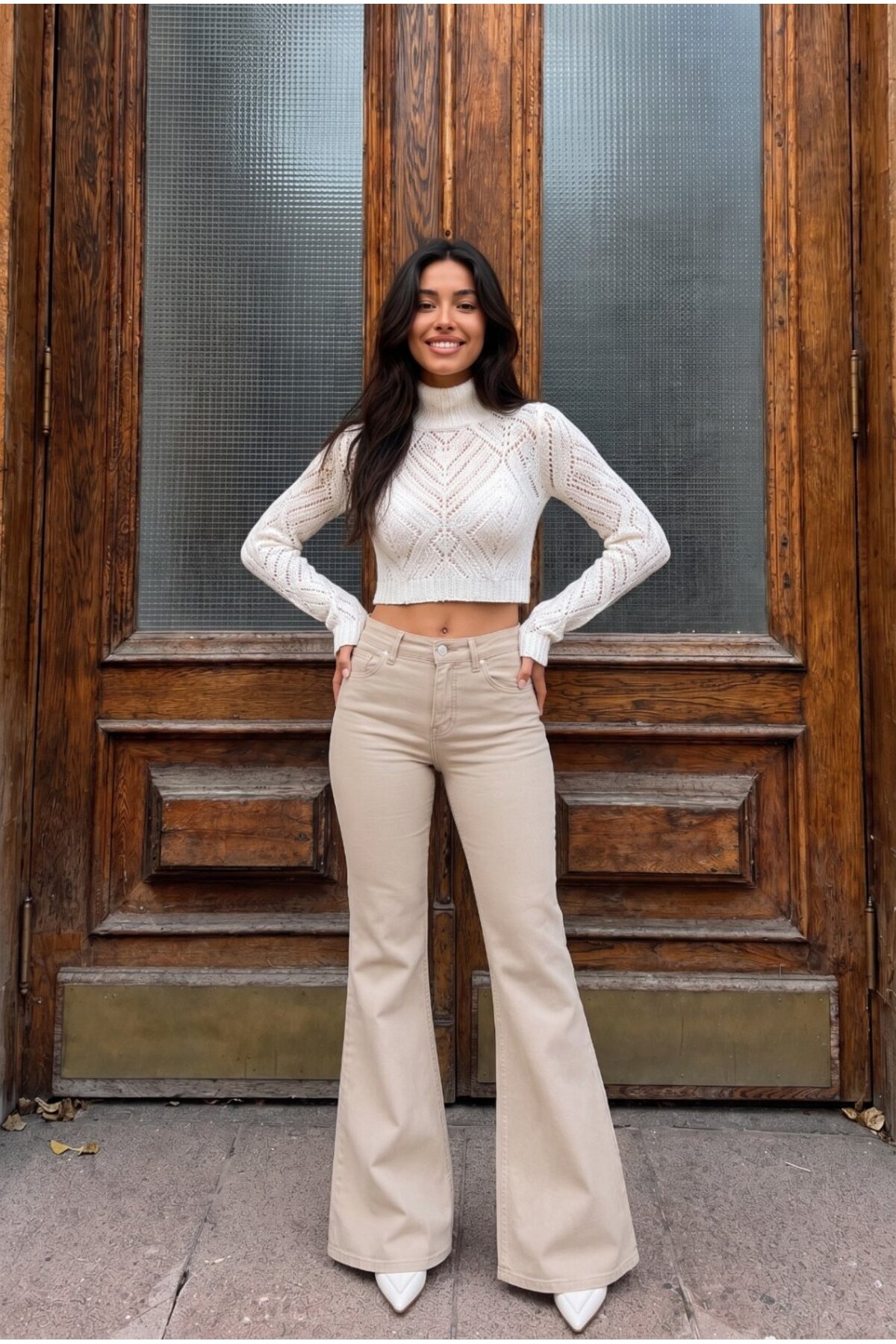 Yüksek Bel Esnek/Likralı Çan Paça Jeans Bej 3
