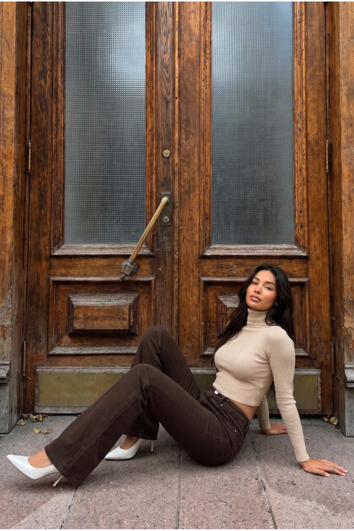 Yüksek Bel Esnek/Likralı Çan Paça Jeans Kahverengi 8