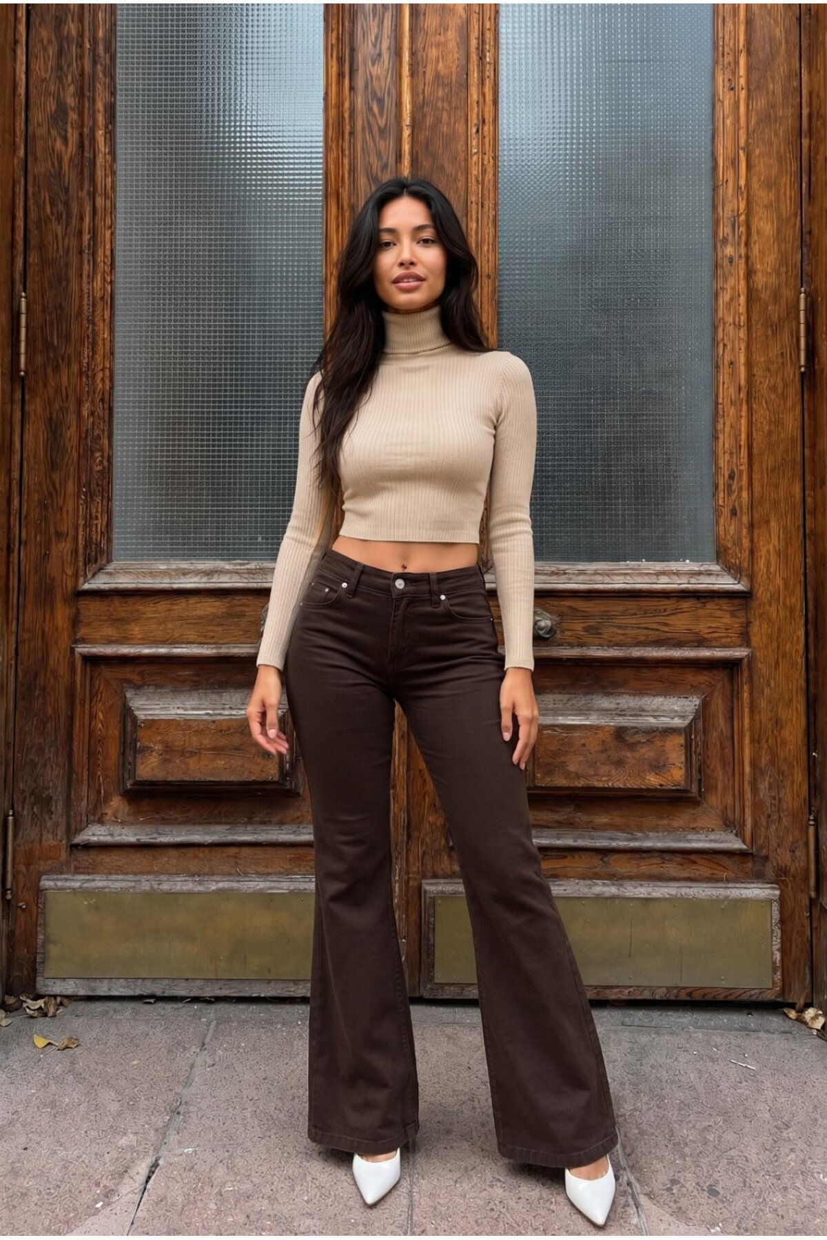 Yüksek Bel Esnek/Likralı Çan Paça Jeans Kahverengi 6