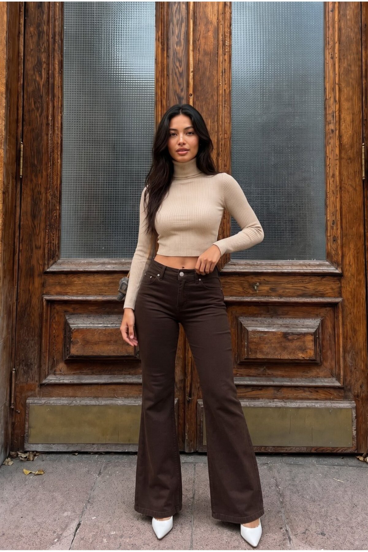 Yüksek Bel Esnek/Likralı Çan Paça Jeans Kahverengi 7