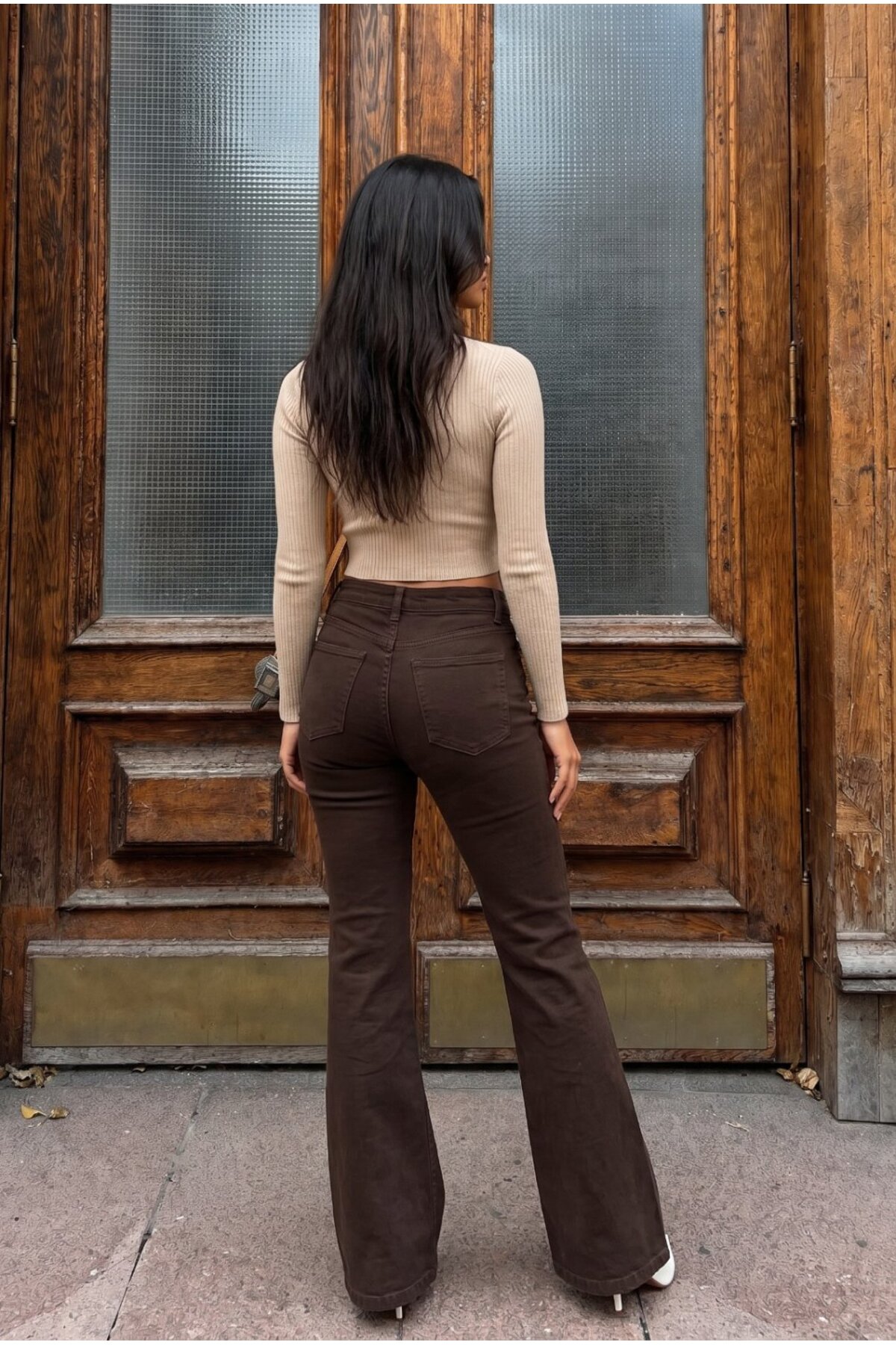 Yüksek Bel Esnek/Likralı Çan Paça Jeans Kahverengi 4