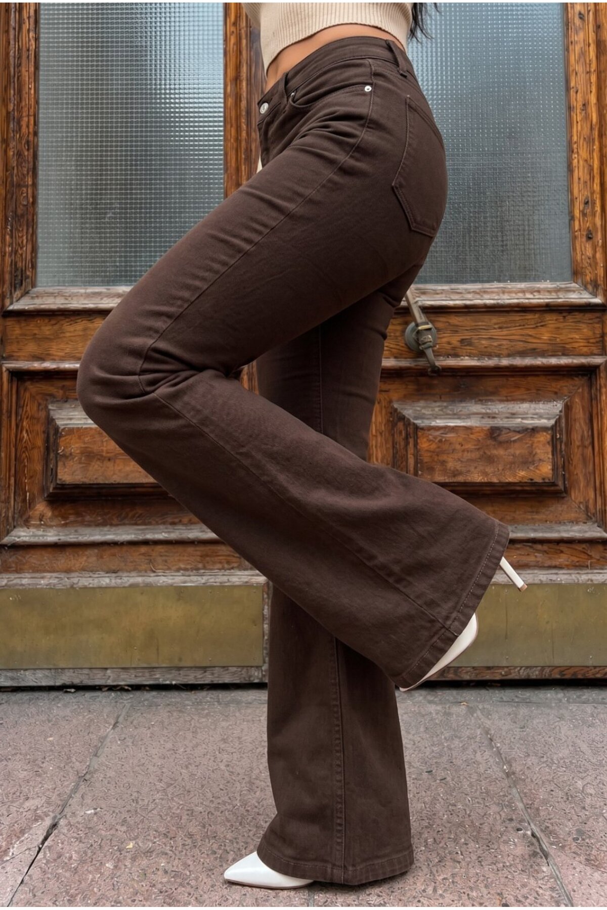 Yüksek Bel Esnek/Likralı Çan Paça Jeans Kahverengi 5
