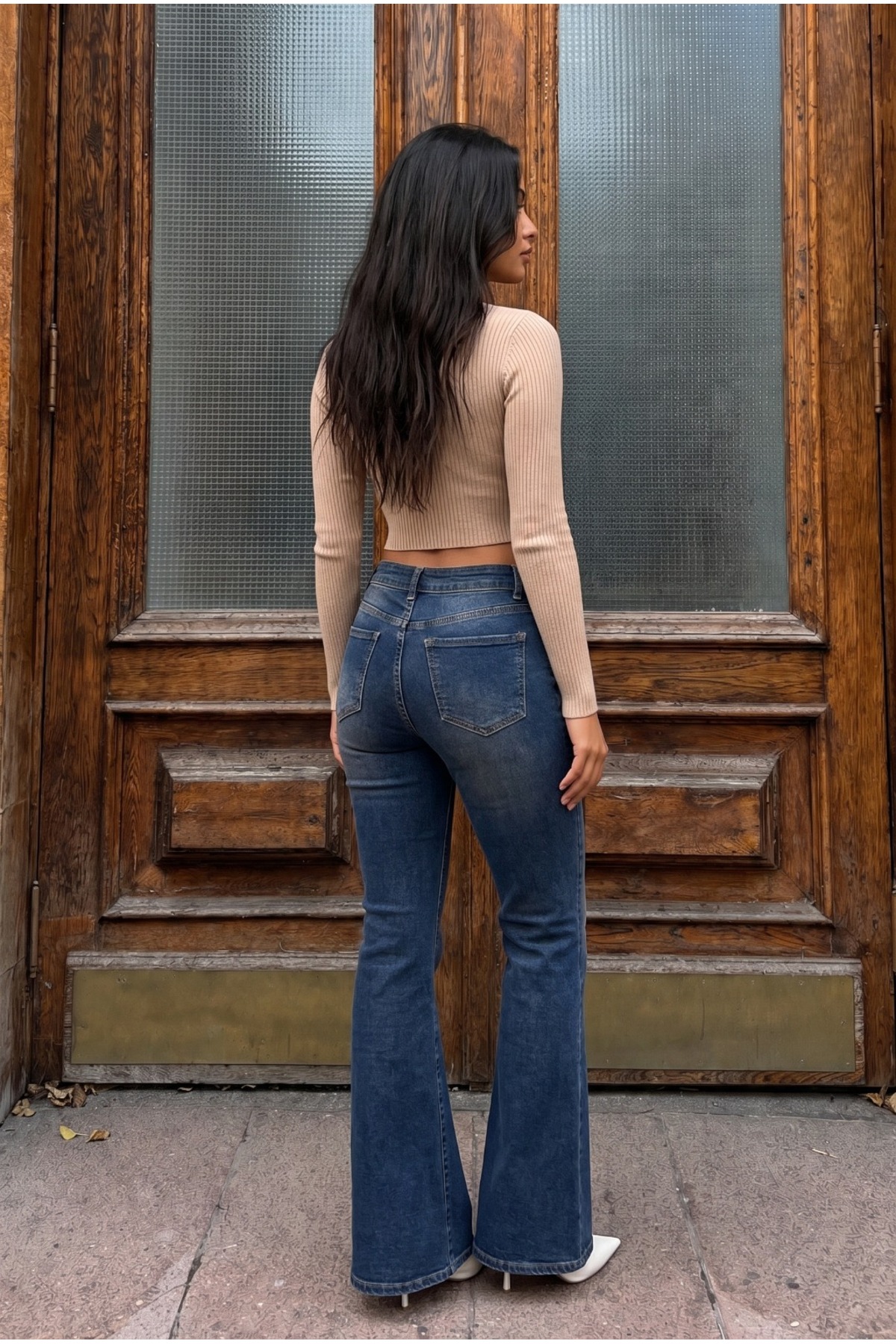 Yüksek Bel Esnek/Likralı Çan Paça Jeans Lacivert 8