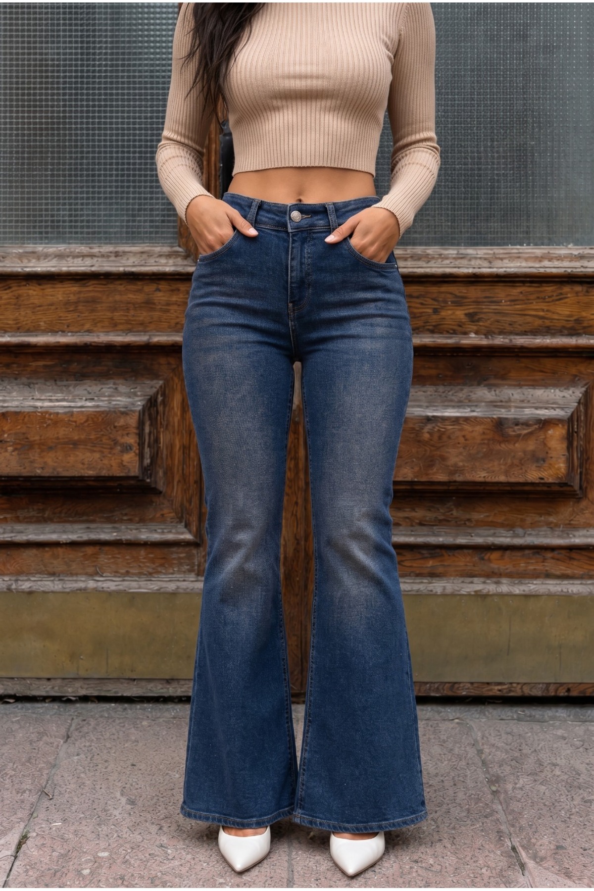 Yüksek Bel Esnek/Likralı Çan Paça Jeans Lacivert 4