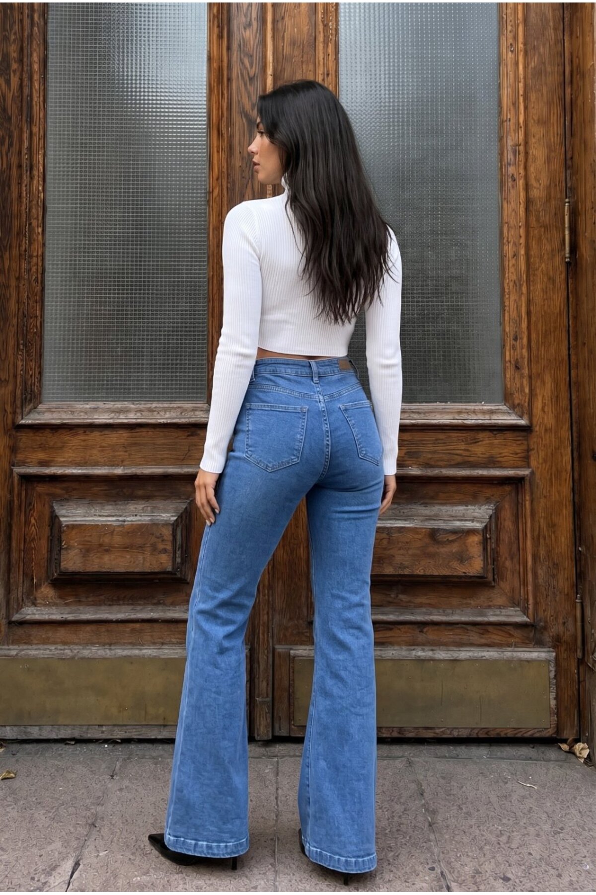 Yüksek Bel Esnek/Likralı Çan Paça Jeans Mavi 5