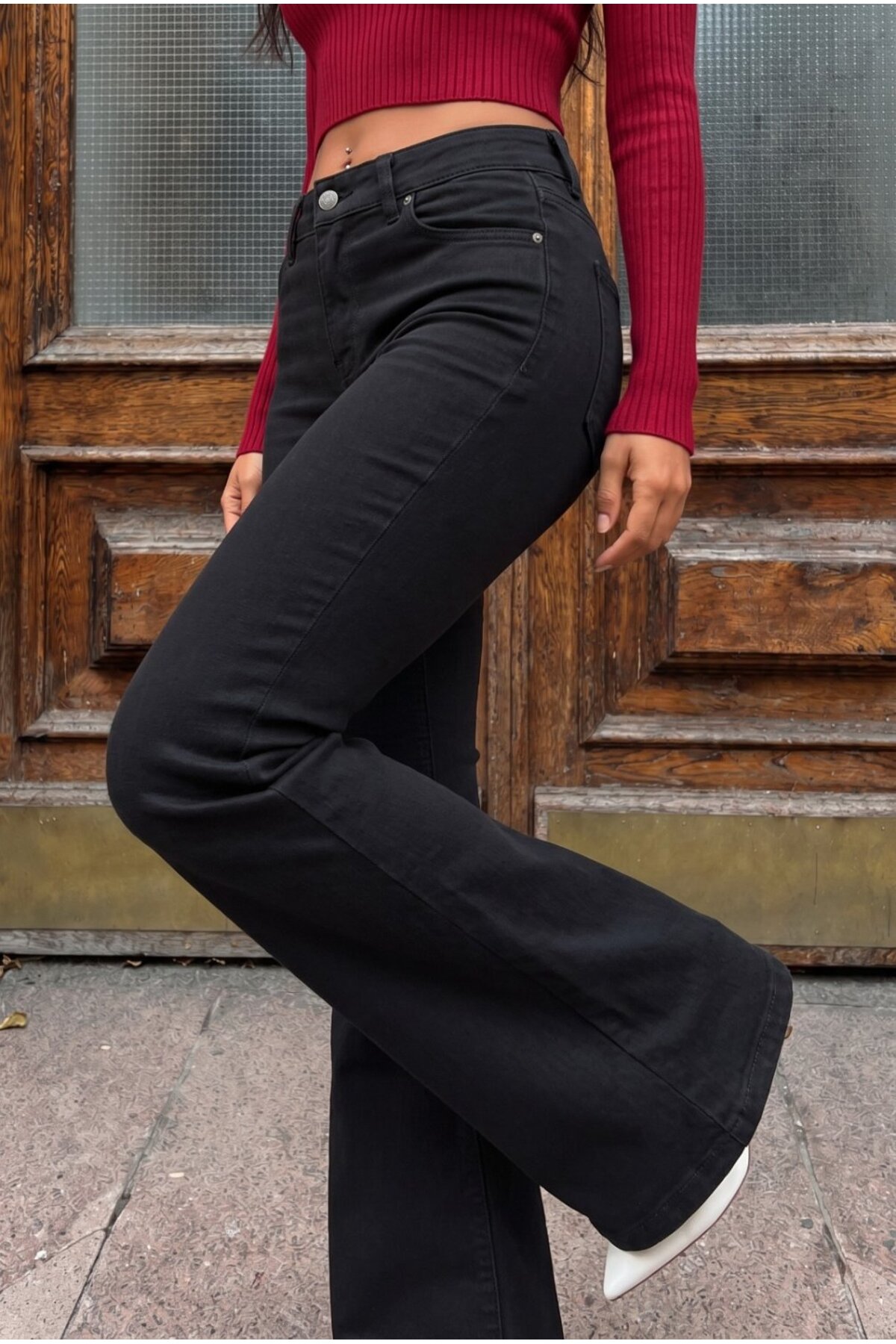 Yüksek Bel Esnek/Likralı Çan Paça Jeans Siyah 4