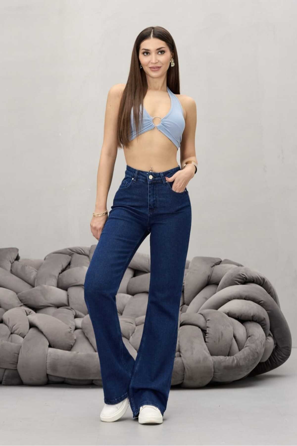 Kadın Lacivert Yüksek Bel Esnek Ispanyol Paça Jeans 5