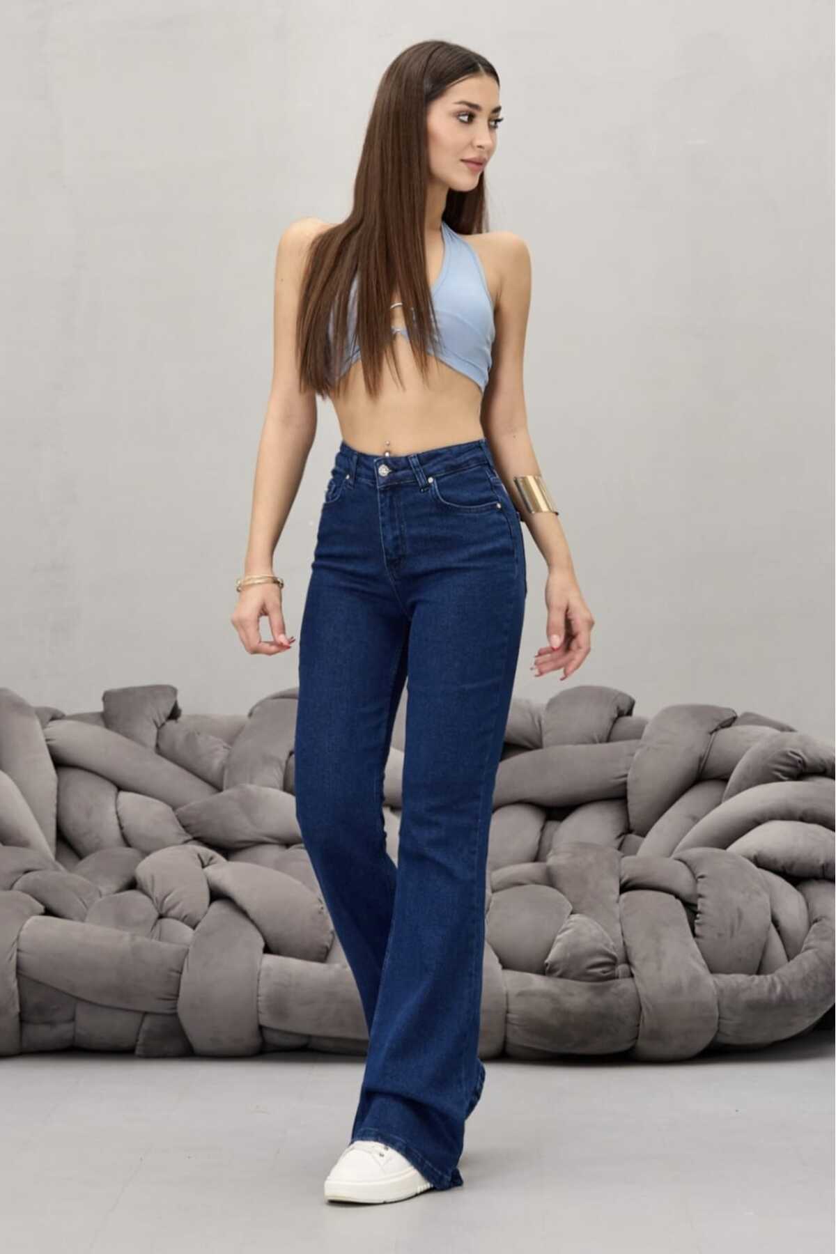 Kadın Lacivert Yüksek Bel Esnek Ispanyol Paça Jeans 6