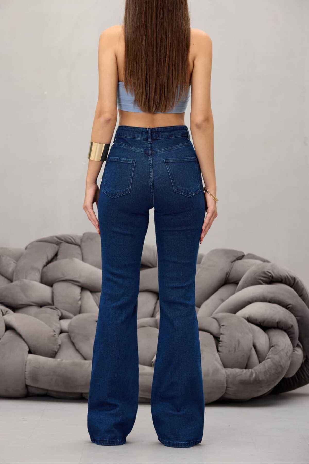 Kadın Lacivert Yüksek Bel Esnek Ispanyol Paça Jeans 4