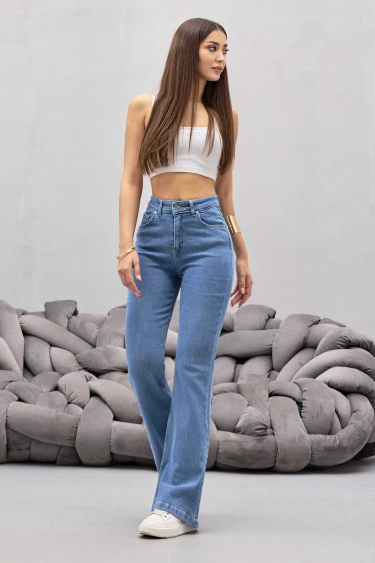 Kadın Mavi Yüksek Bel Esnek Ispanyol Paça Jeans 6
