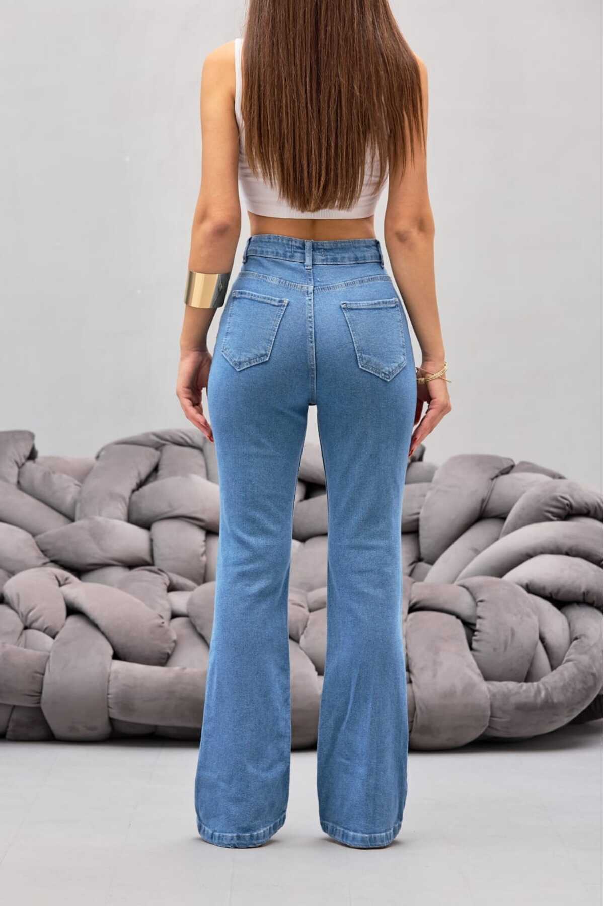 Kadın Mavi Yüksek Bel Esnek Ispanyol Paça Jeans 4