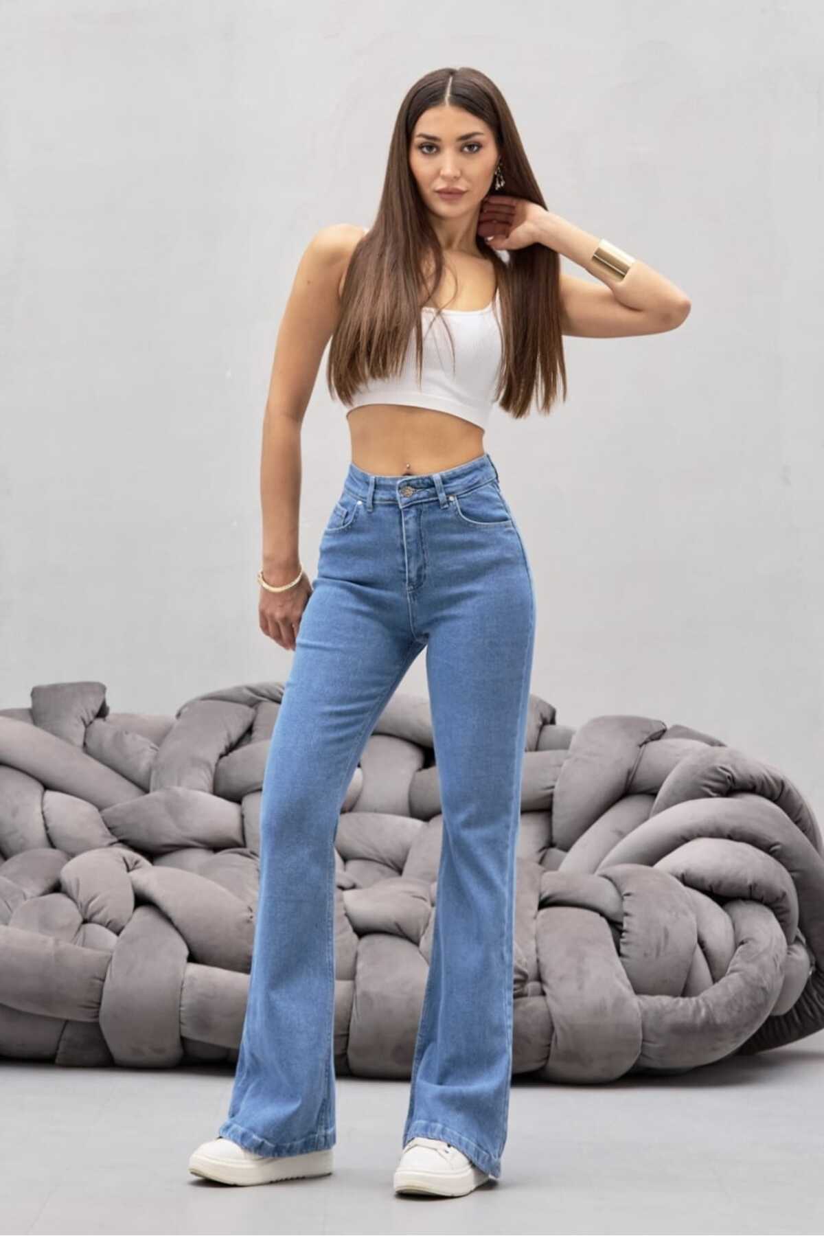 Kadın Mavi Yüksek Bel Esnek Ispanyol Paça Jeans 5