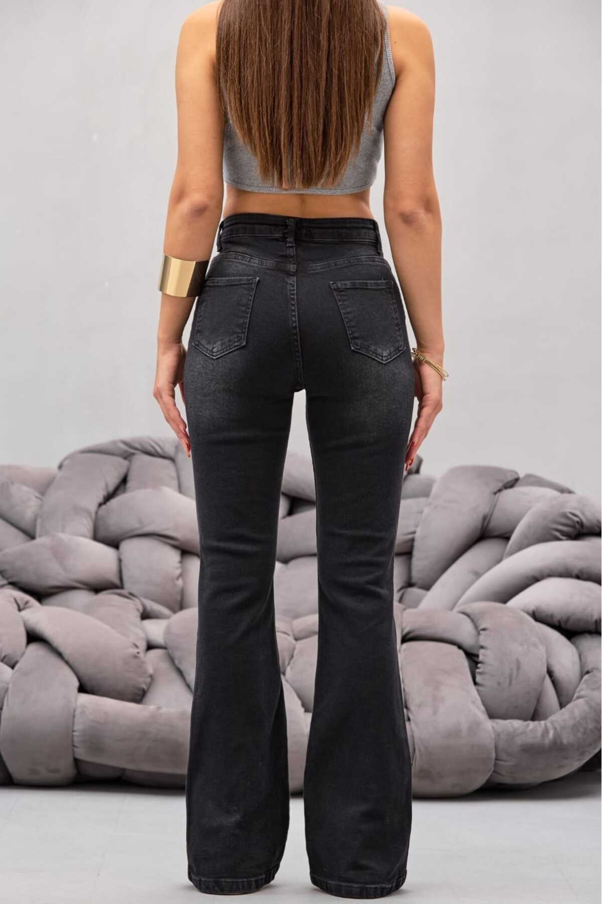 Kadın Yüksek Bel Siyah Efektli Esnek İspanyol Paça Jeans 4