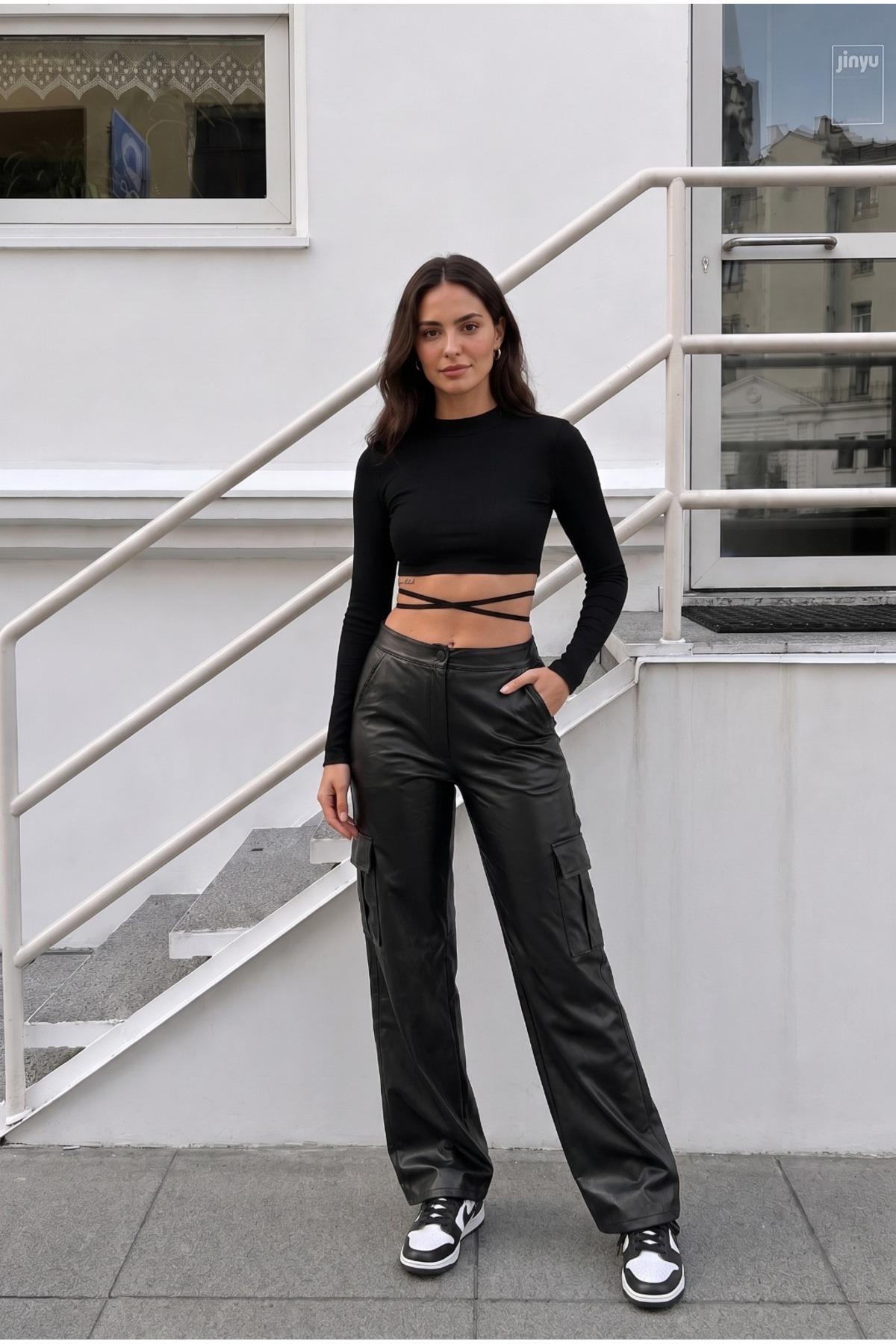 Siyah Deri Yüksek Bel İçi Astarlı Geniş Paça Palazzo Pantolon 6