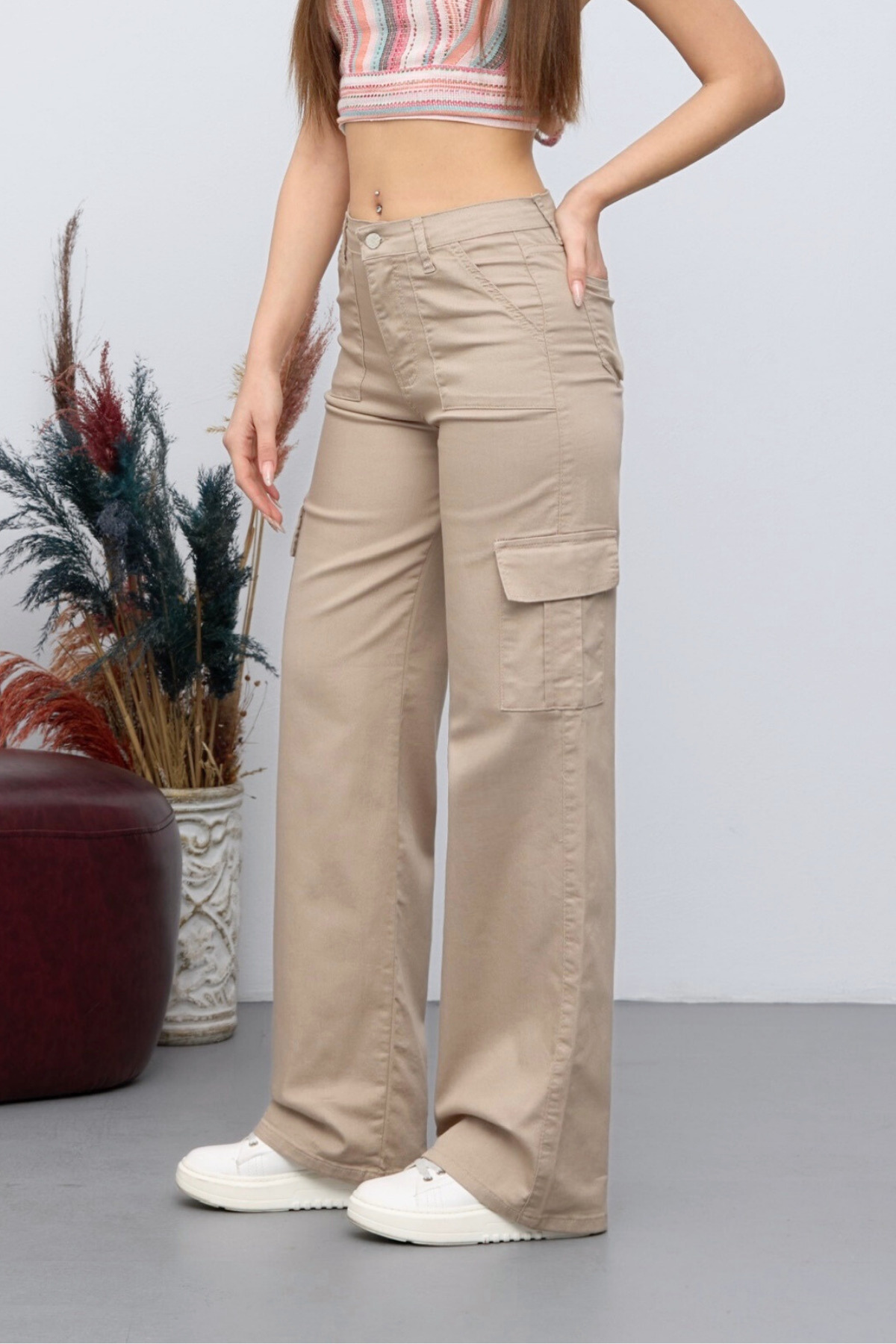 Bej Kargo Cepli Likralı Yüksek Bel Wide Leg Pantolon 7