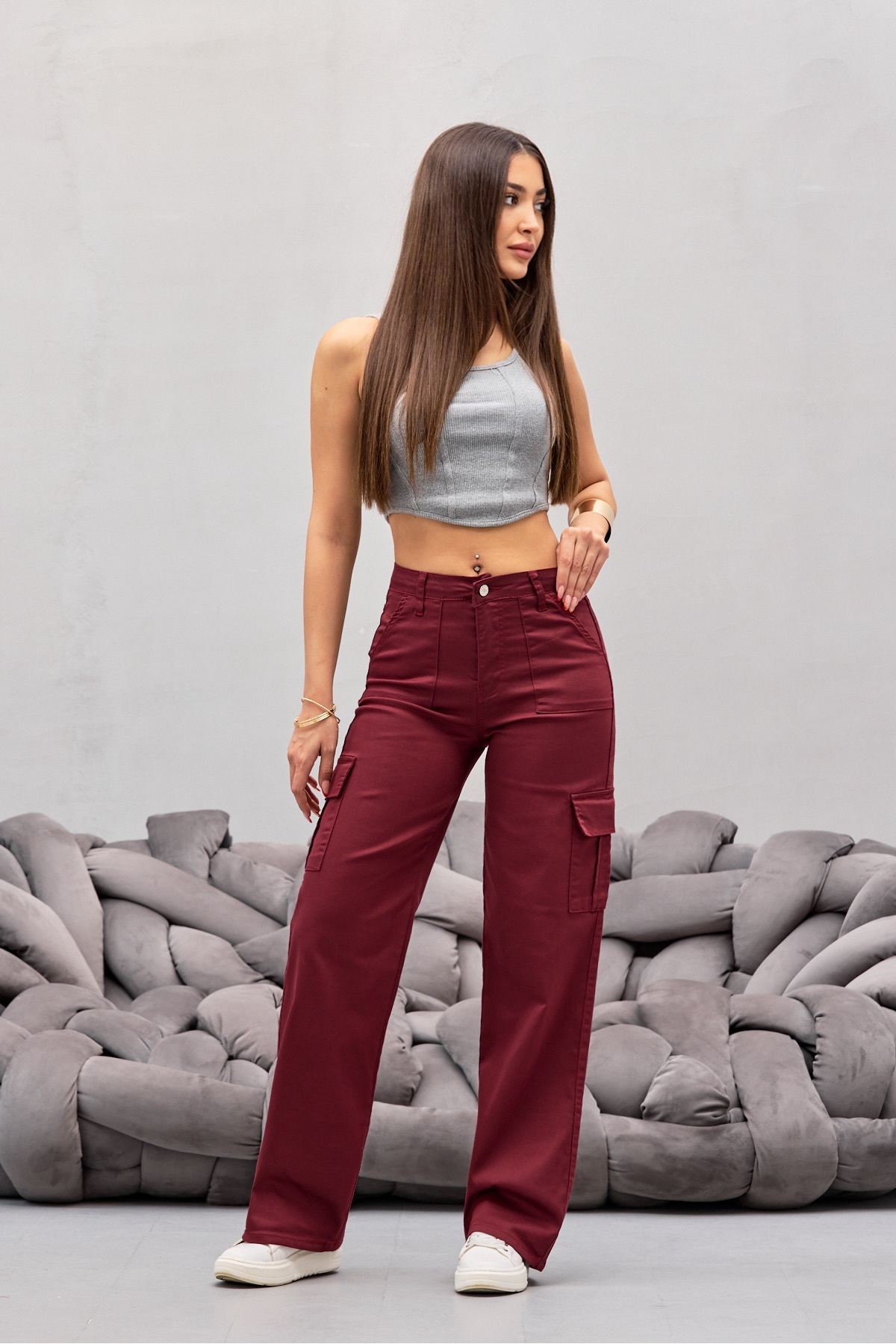 Bordo Kargo Cepli Likralı Yüksek Bel Wide Leg Pantolon 7