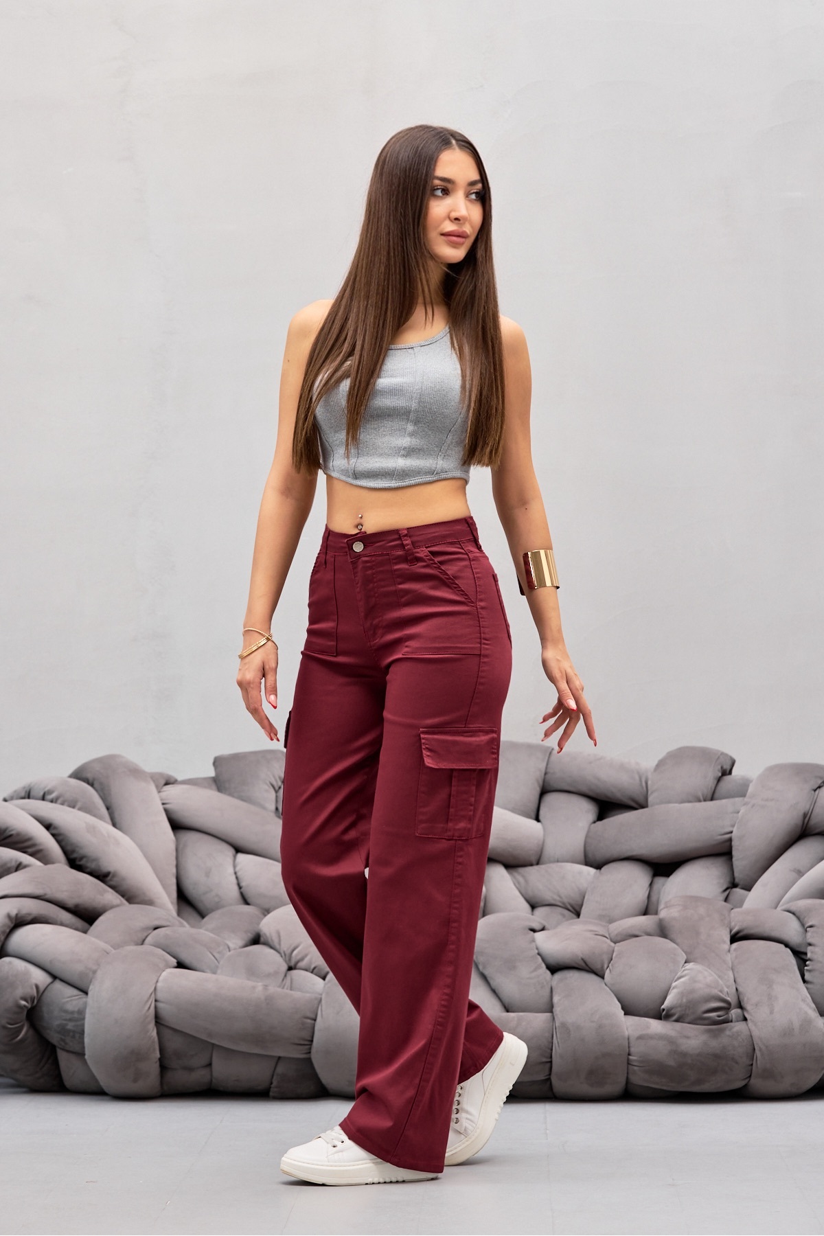 Bordo Kargo Cepli Likralı Yüksek Bel Wide Leg Pantolon 6