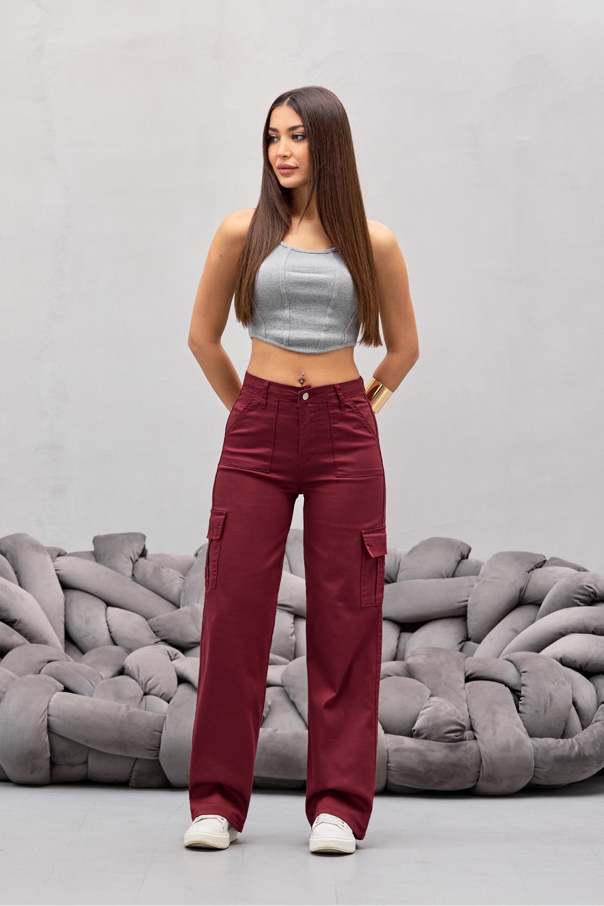 Bordo Kargo Cepli Likralı Yüksek Bel Wide Leg Pantolon 4