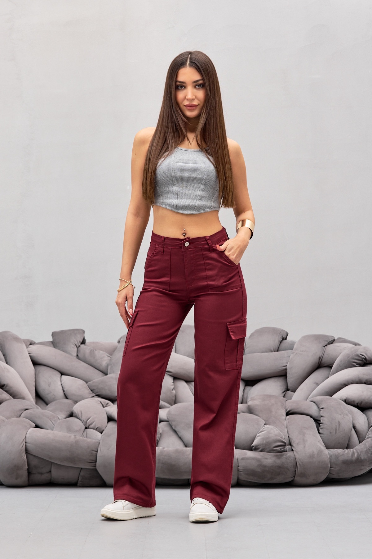 Bordo Kargo Cepli Likralı Yüksek Bel Wide Leg Pantolon 5