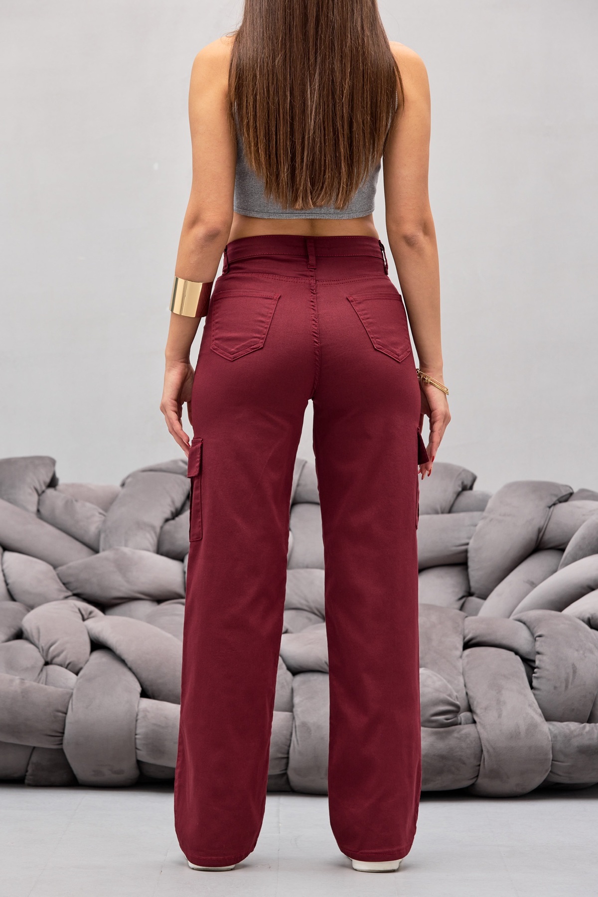 Bordo Kargo Cepli Likralı Yüksek Bel Wide Leg Pantolon 3