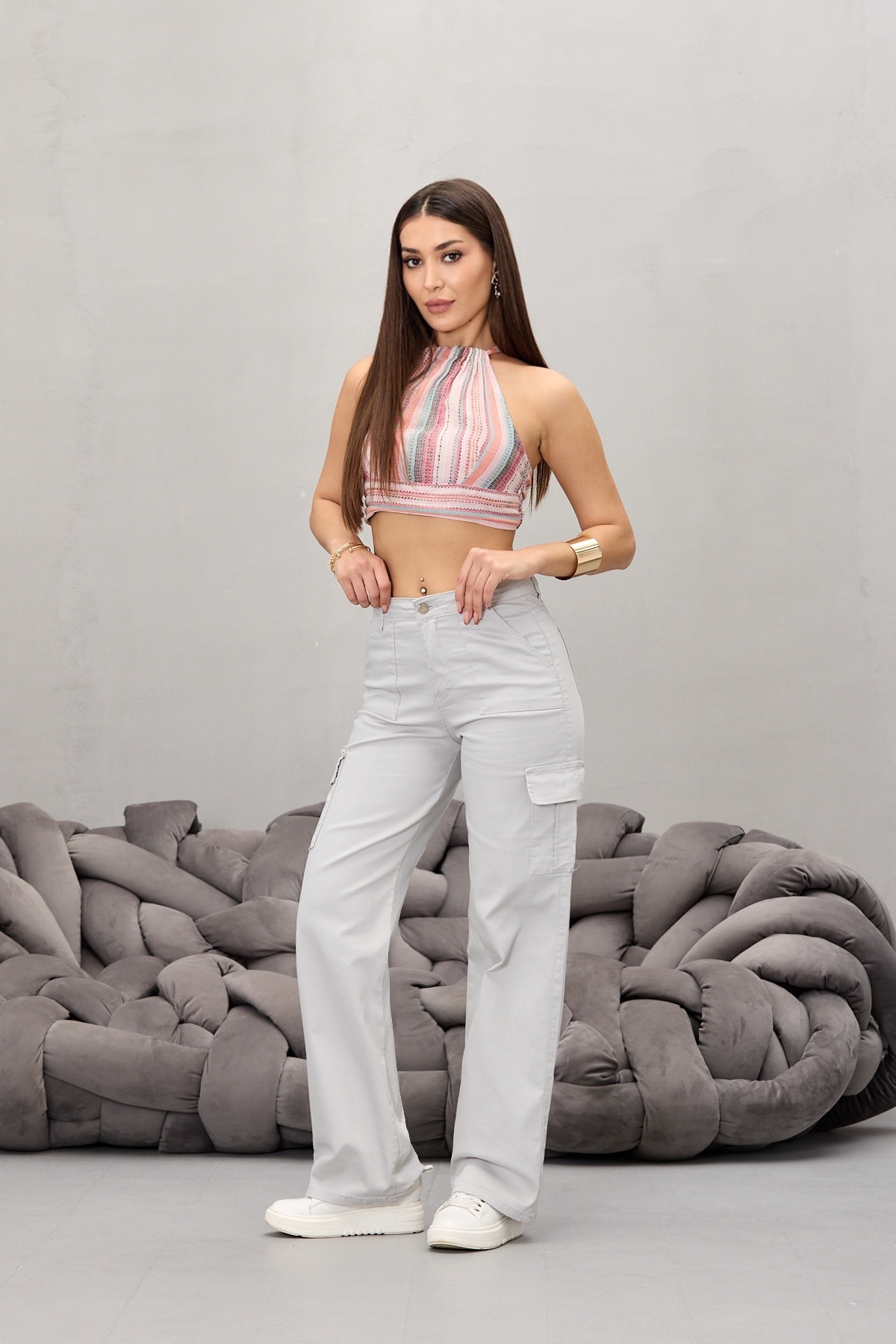 Taş Gri Kargo Cepli Likralı Yüksek Bel Wide Leg Pantolon 7