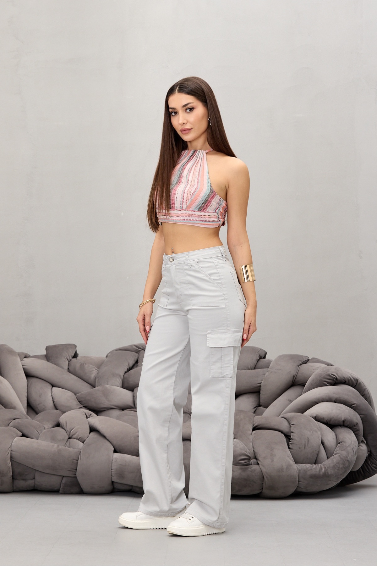Taş Gri Kargo Cepli Likralı Yüksek Bel Wide Leg Pantolon 4