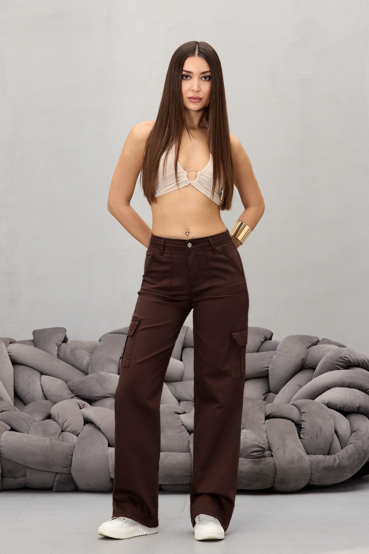 Kahverengi Kargo Cepli Likralı Yüksek Bel Wide Leg Pantolon 5