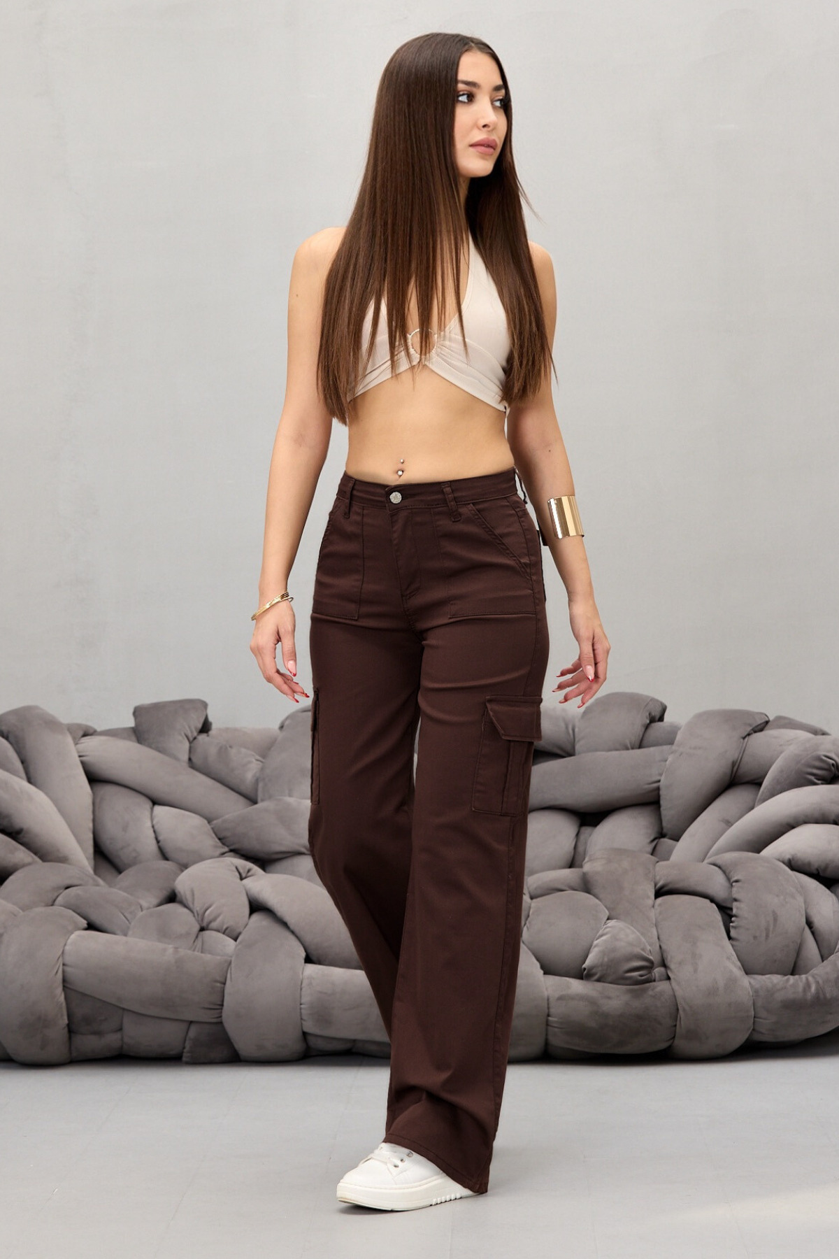 Kahverengi Kargo Cepli Likralı Yüksek Bel Wide Leg Pantolon 6