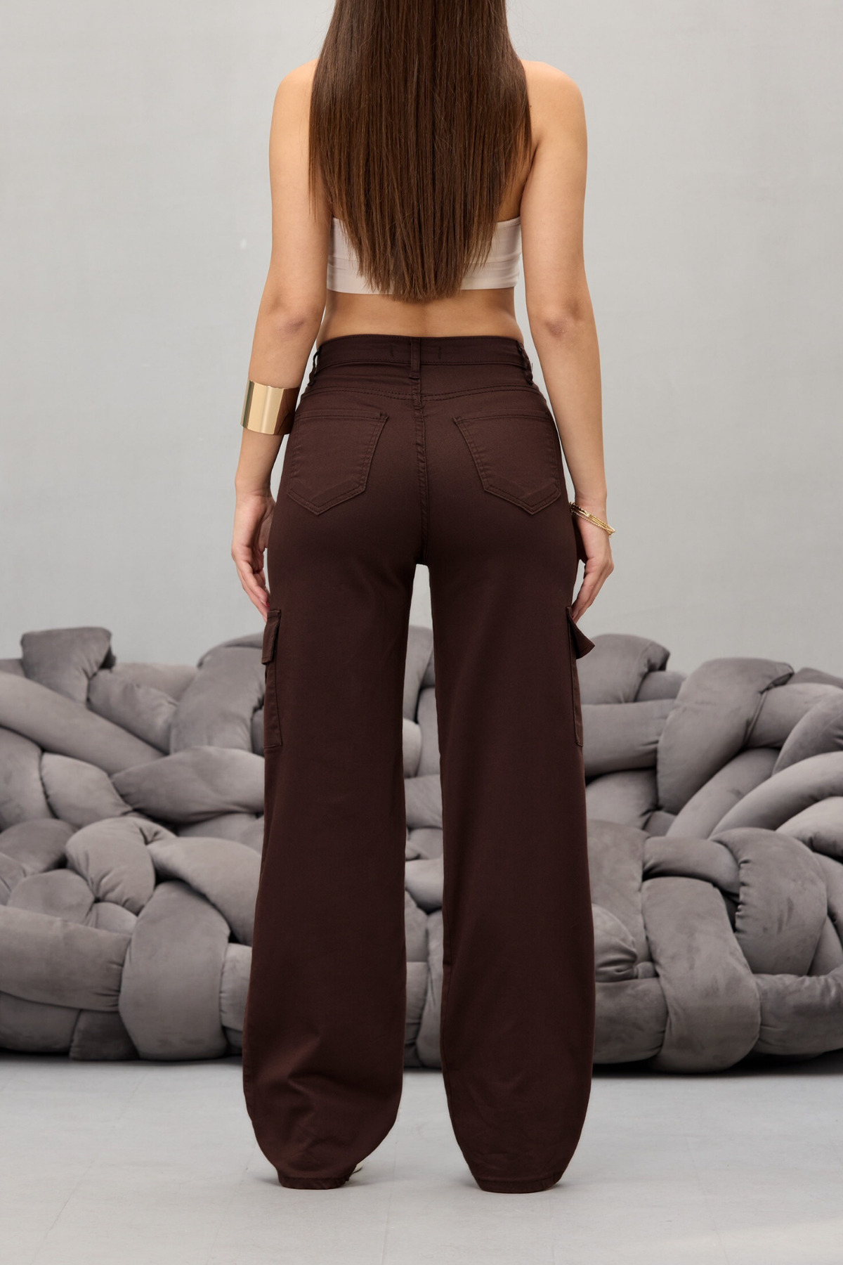 Kahverengi Kargo Cepli Likralı Yüksek Bel Wide Leg Pantolon 3