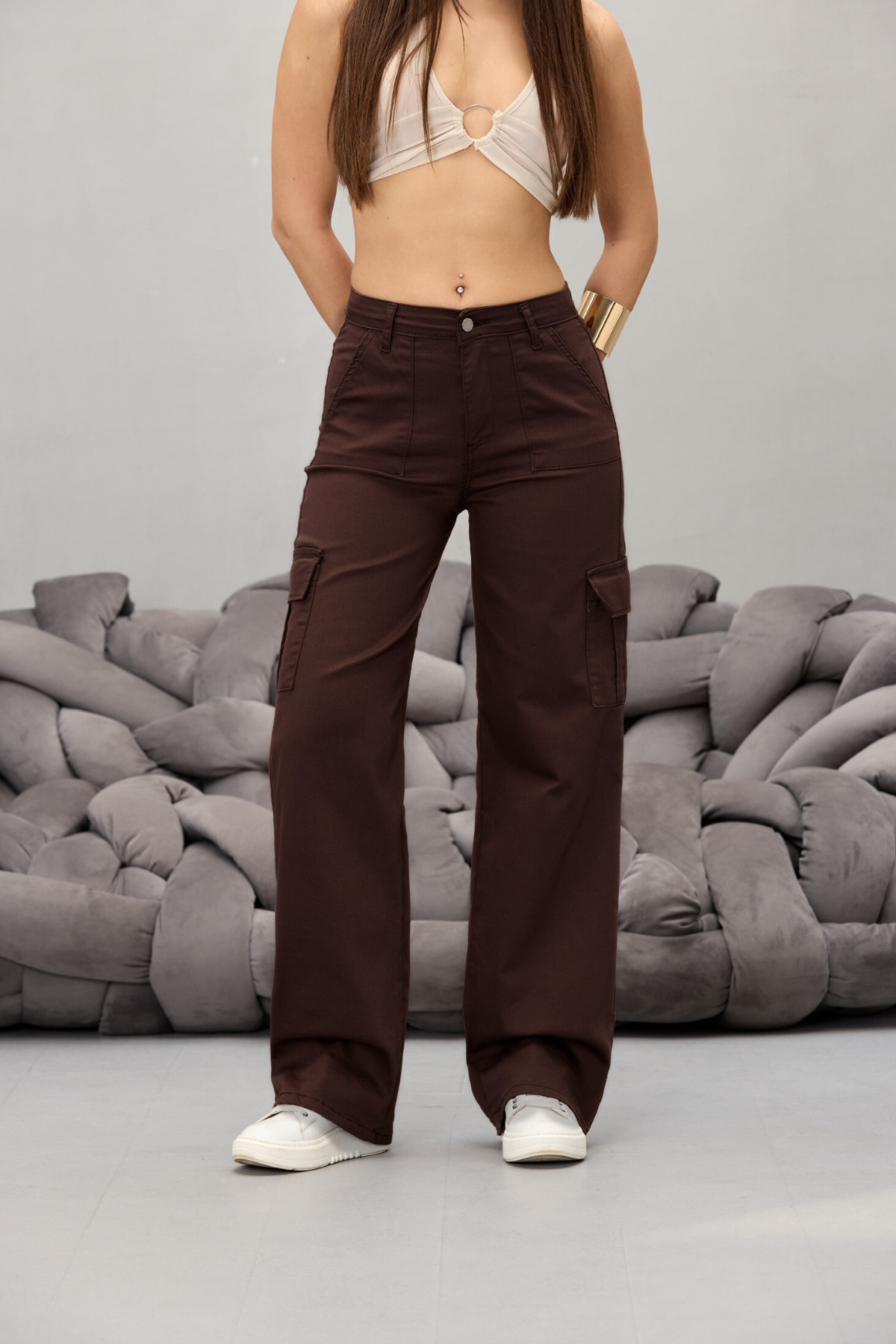 Kahverengi Kargo Cepli Likralı Yüksek Bel Wide Leg Pantolon 4