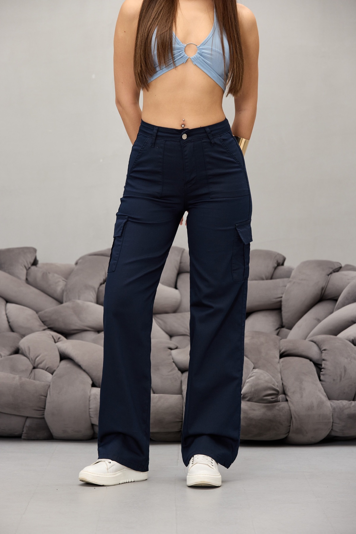 Lacivert Kargo Cepli Likralı Yüksek Bel Wide Leg Pantolon 3