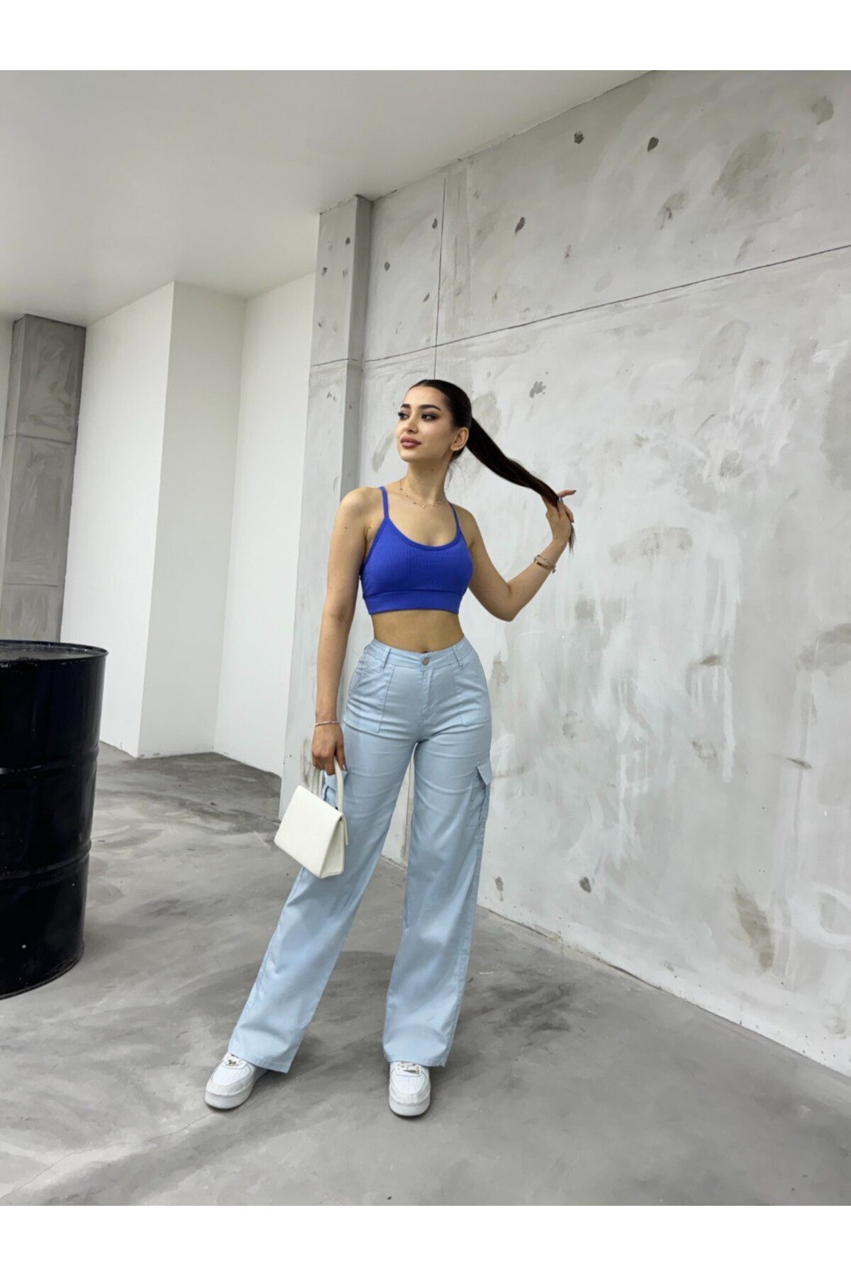 Bebe Mavisi Kargo Cepli Likralı Yüksek Bel Wide Leg Pantolon Mavi 6