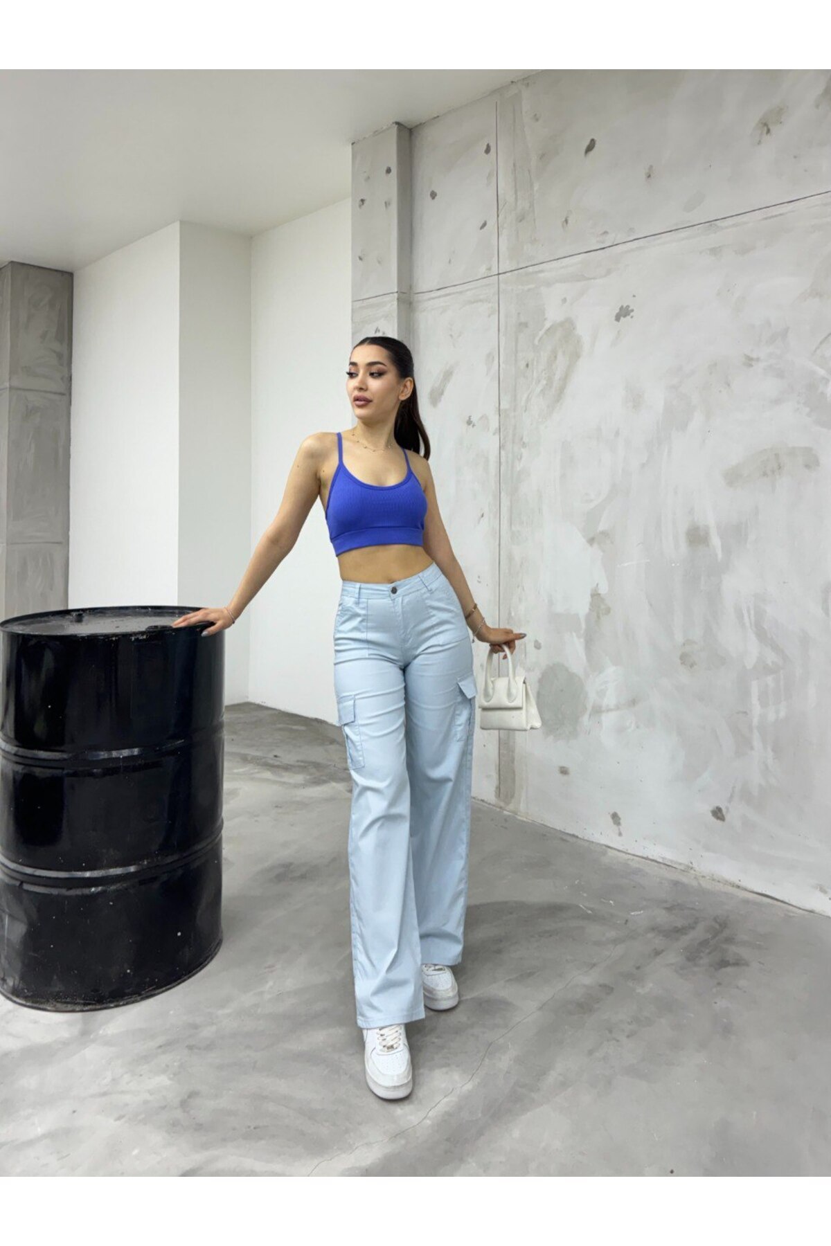 Bebe Mavisi Kargo Cepli Likralı Yüksek Bel Wide Leg Pantolon Mavi 7