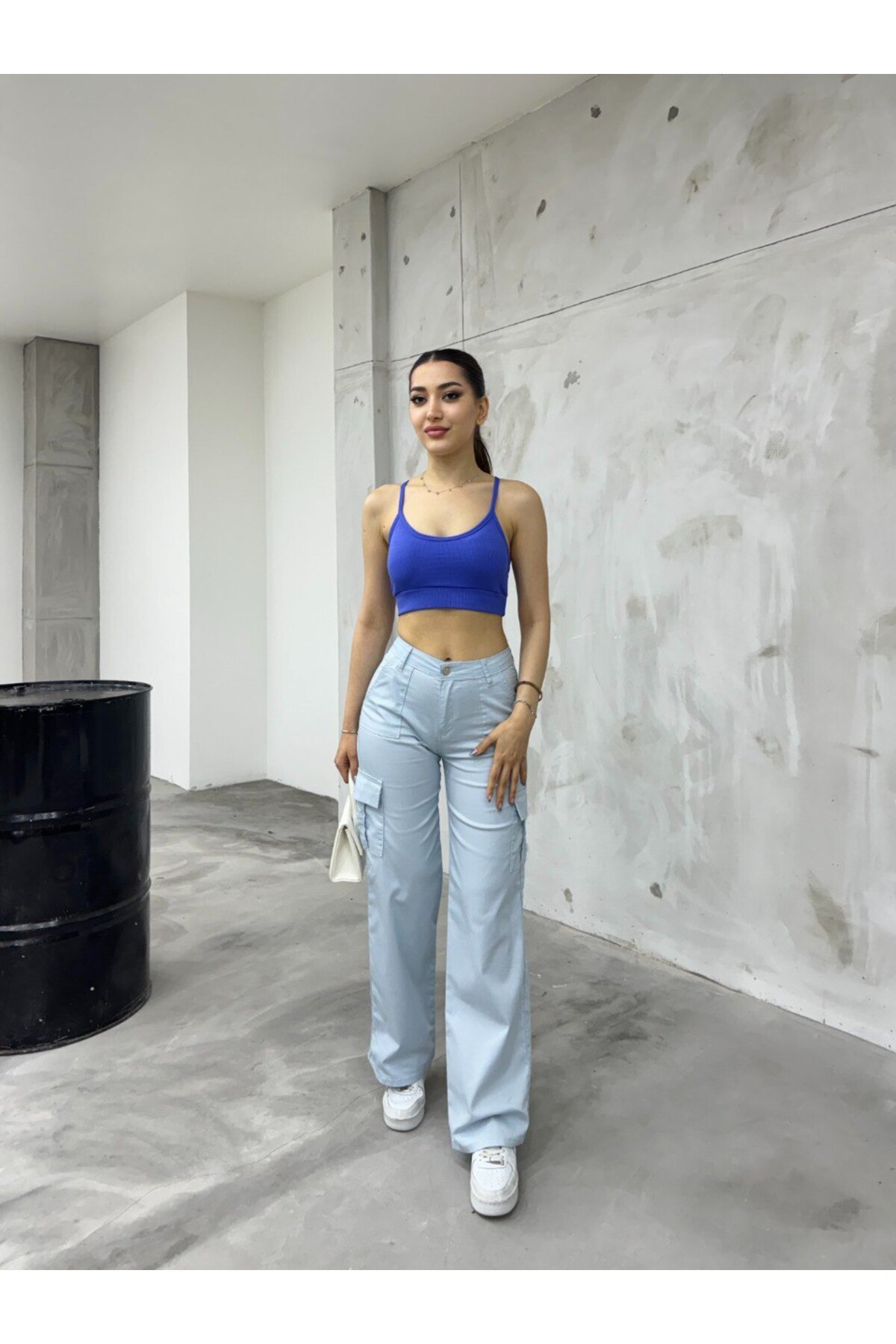 Bebe Mavisi Kargo Cepli Likralı Yüksek Bel Wide Leg Pantolon Mavi 8