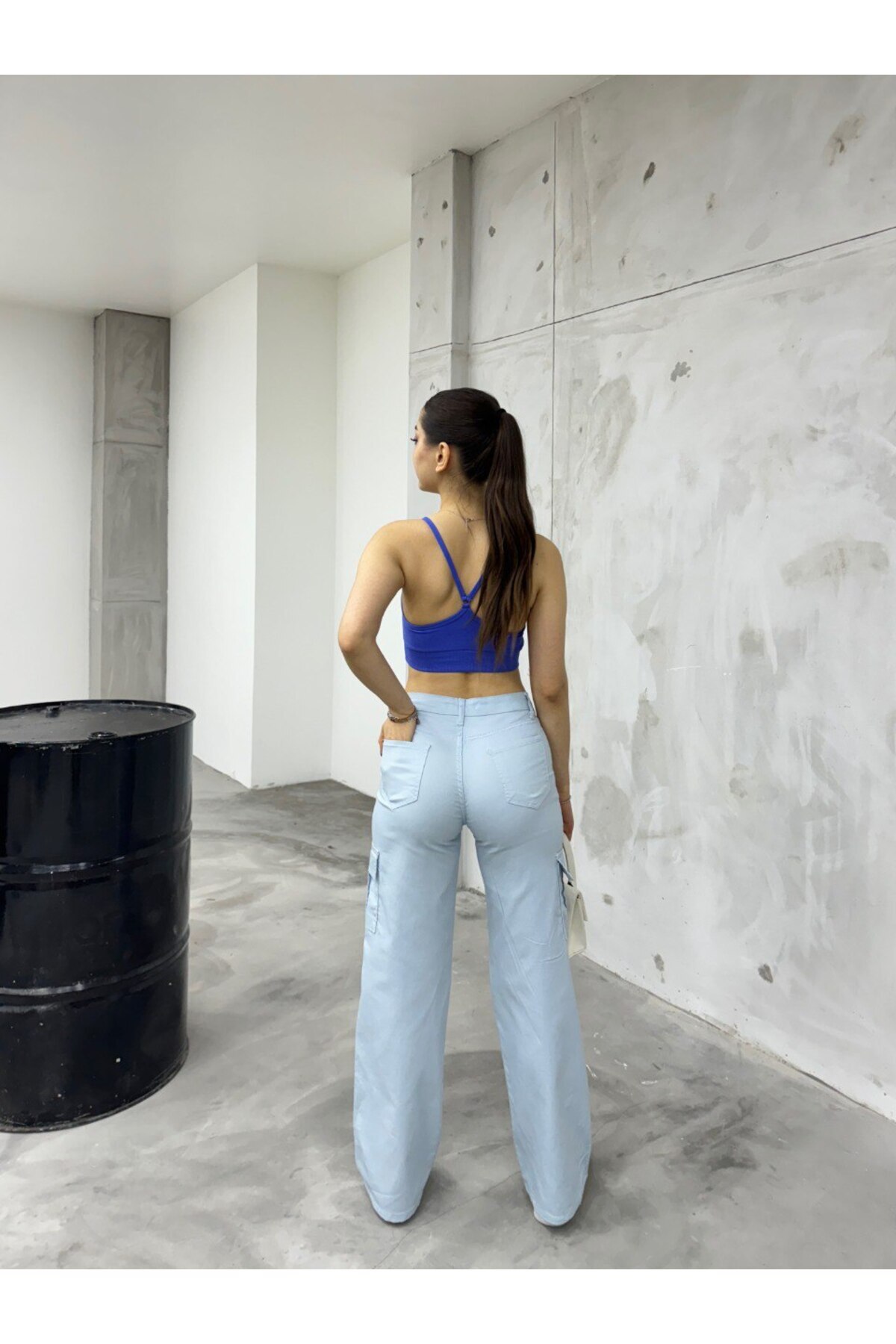 Bebe Mavisi Kargo Cepli Likralı Yüksek Bel Wide Leg Pantolon Mavi 4