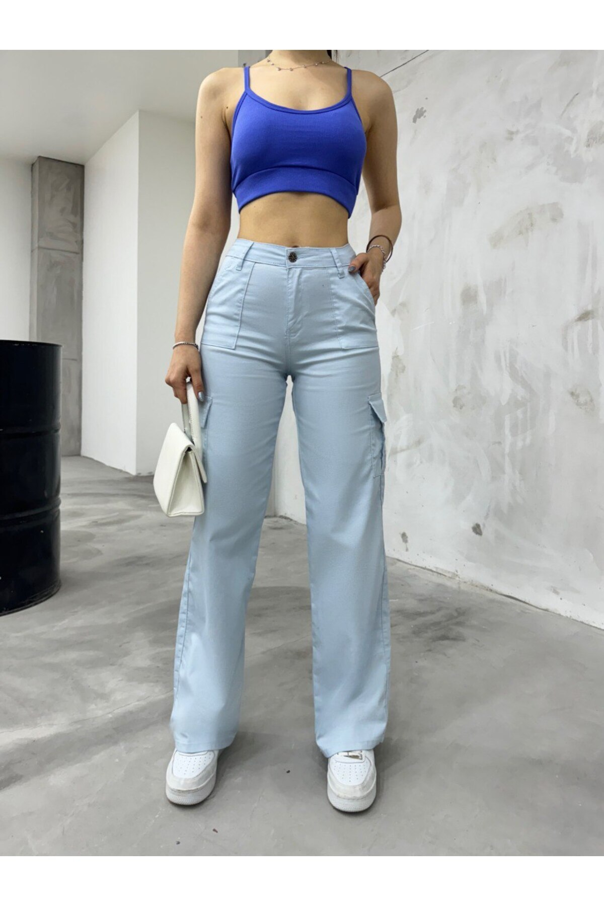 Bebe Mavisi Kargo Cepli Likralı Yüksek Bel Wide Leg Pantolon Mavi 5